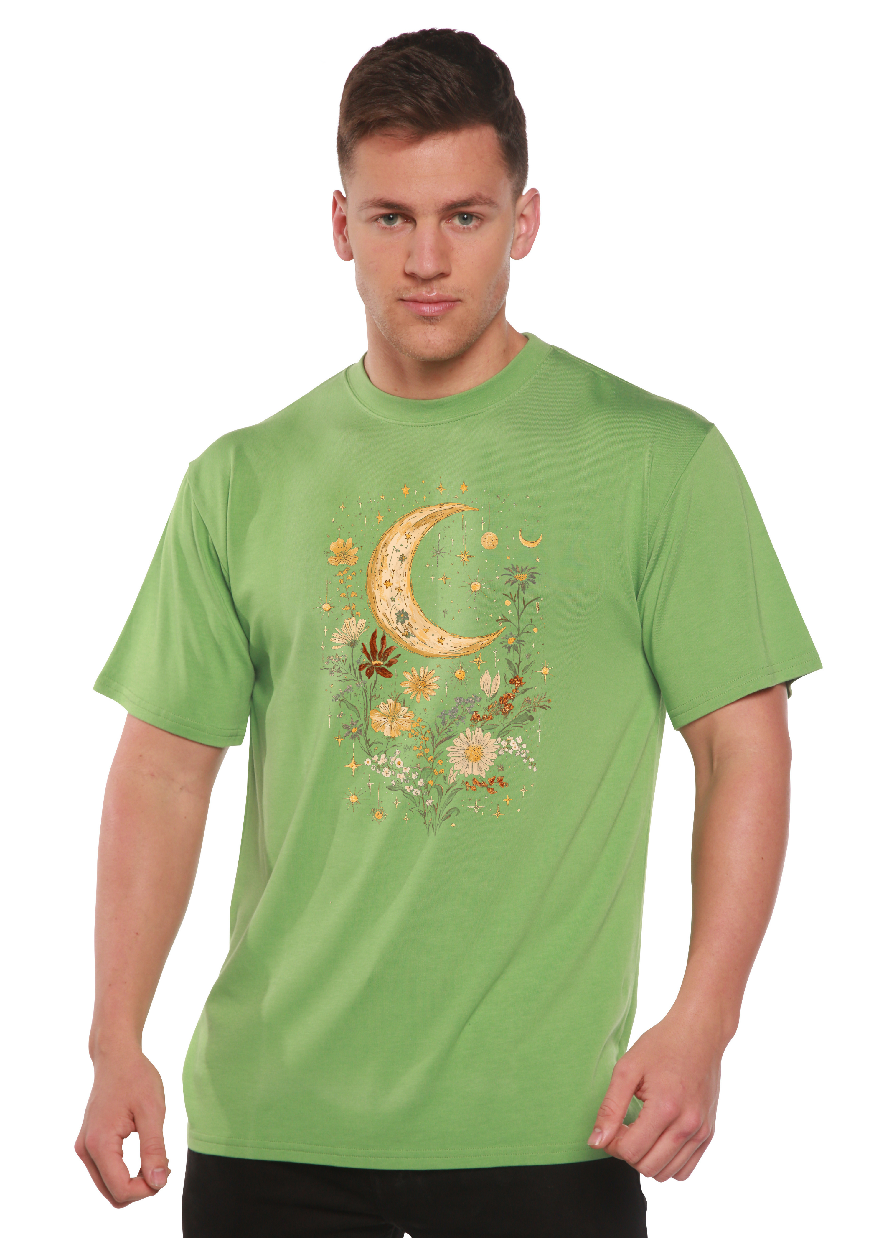 Camiseta gráfica unisex vintage de bambú/algodón con flores bohemias de luna celestial