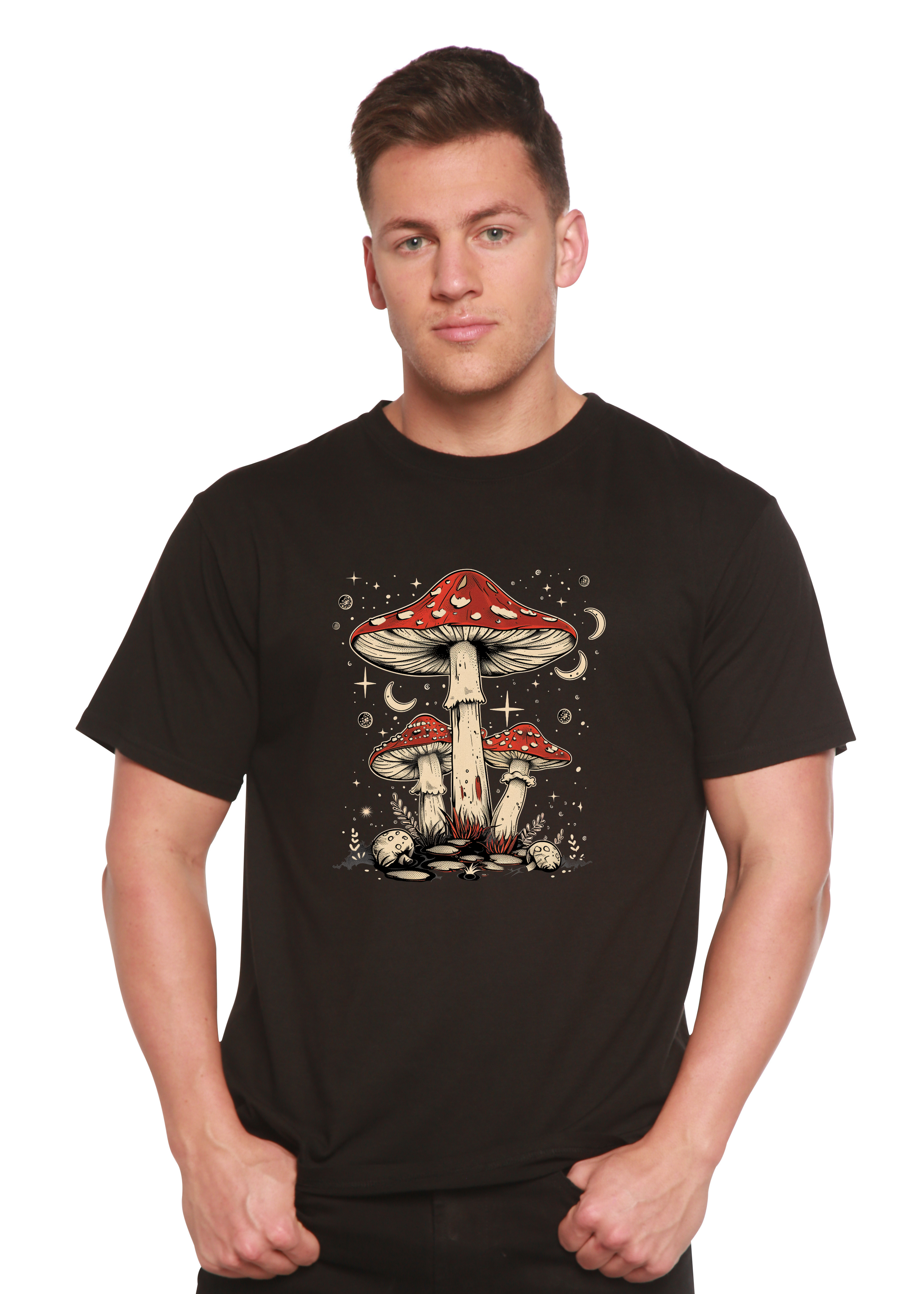 Camiseta gráfica unisex de bambú/algodón "Boho Retro Hippie Mushrooms Natural"