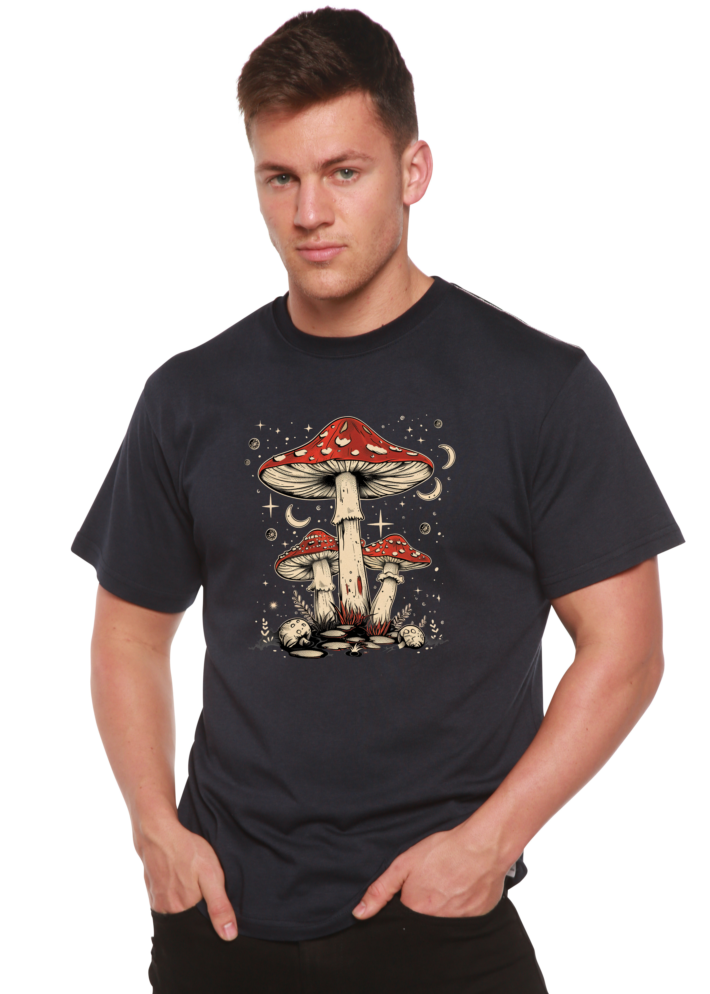 Camiseta gráfica unisex de bambú/algodón "Boho Retro Hippie Mushrooms Natural"