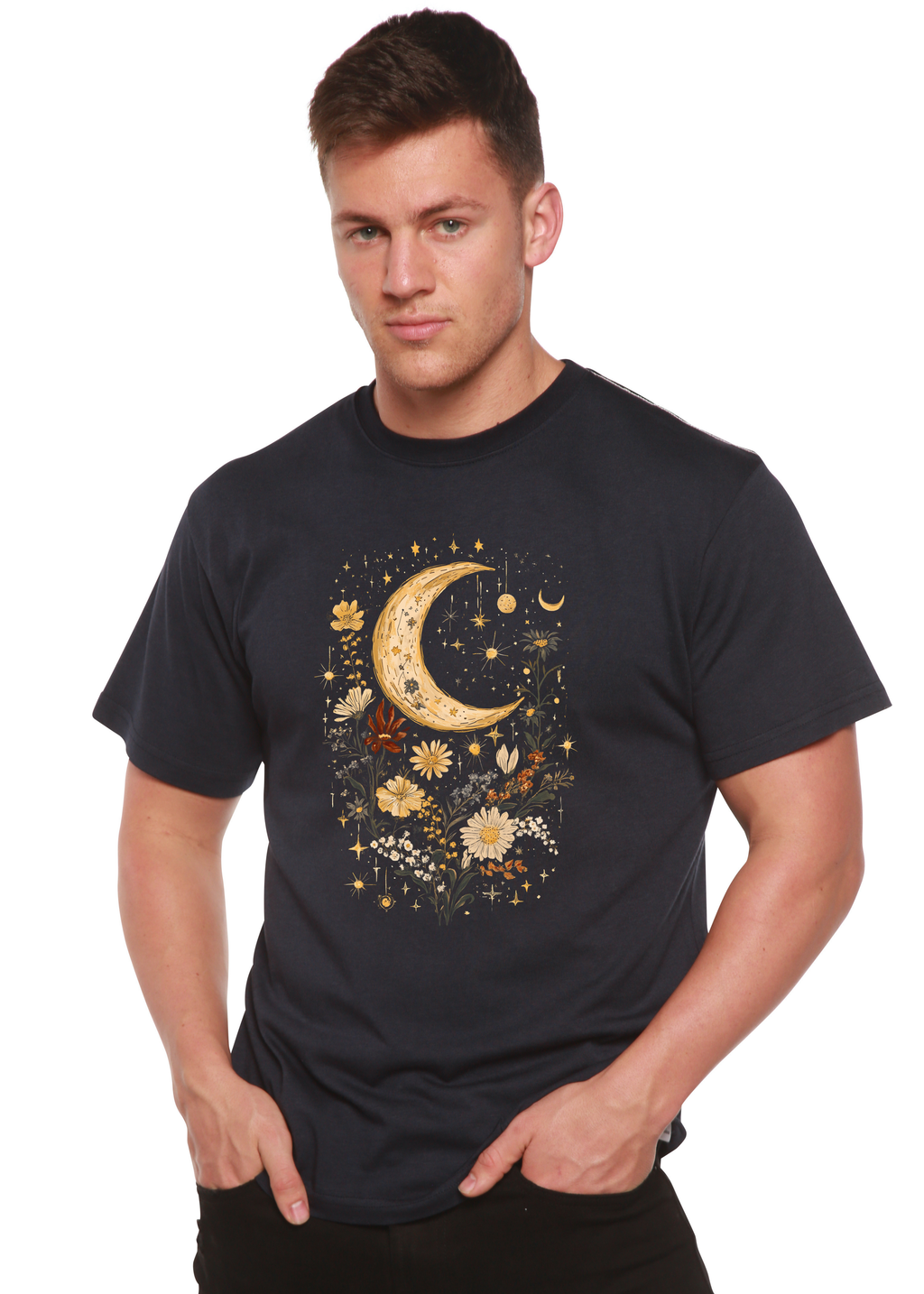 Camiseta gráfica unisex vintage de bambú/algodón con flores bohemias de luna celestial