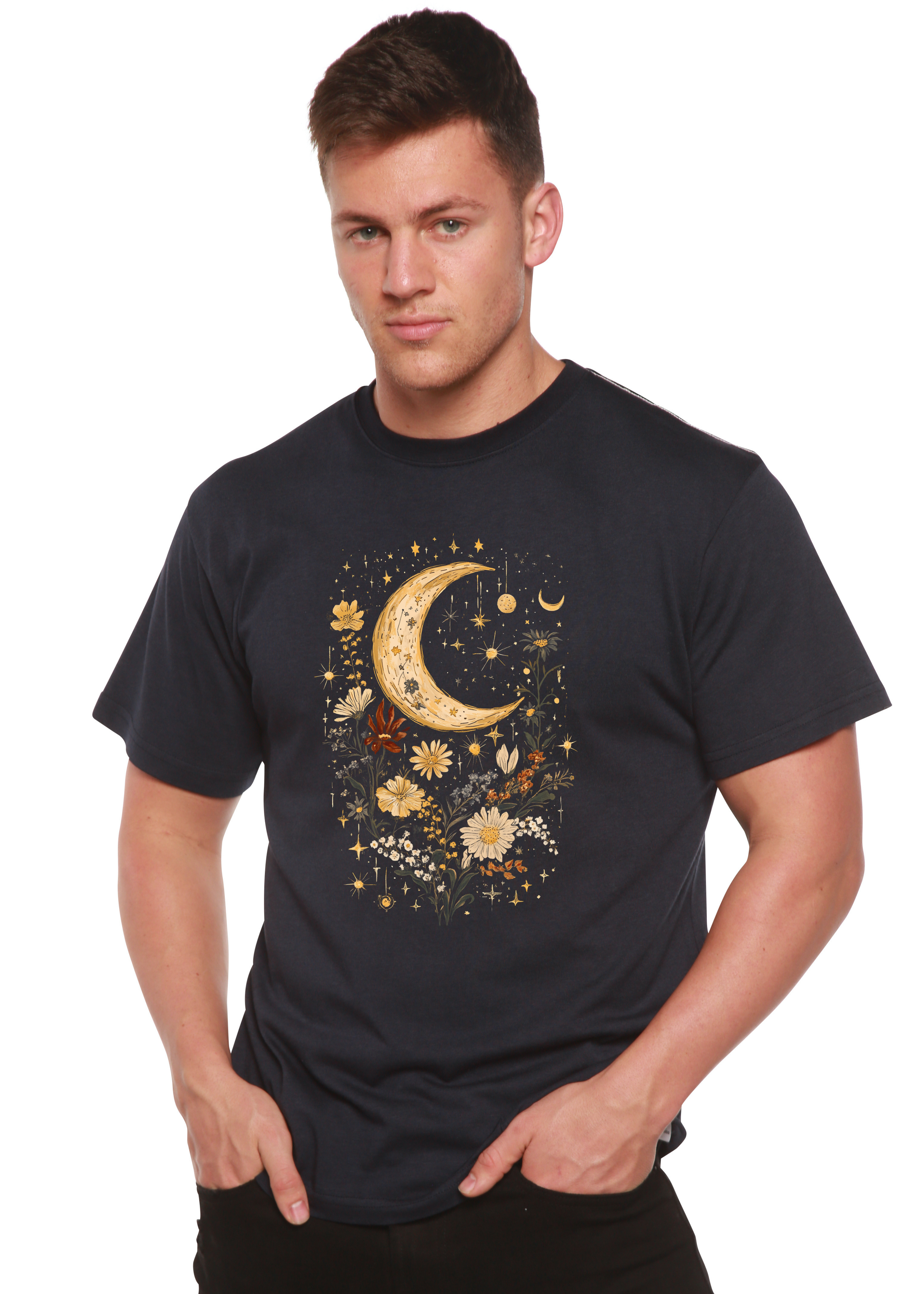 Camiseta gráfica unisex vintage de bambú/algodón con flores bohemias de luna celestial
