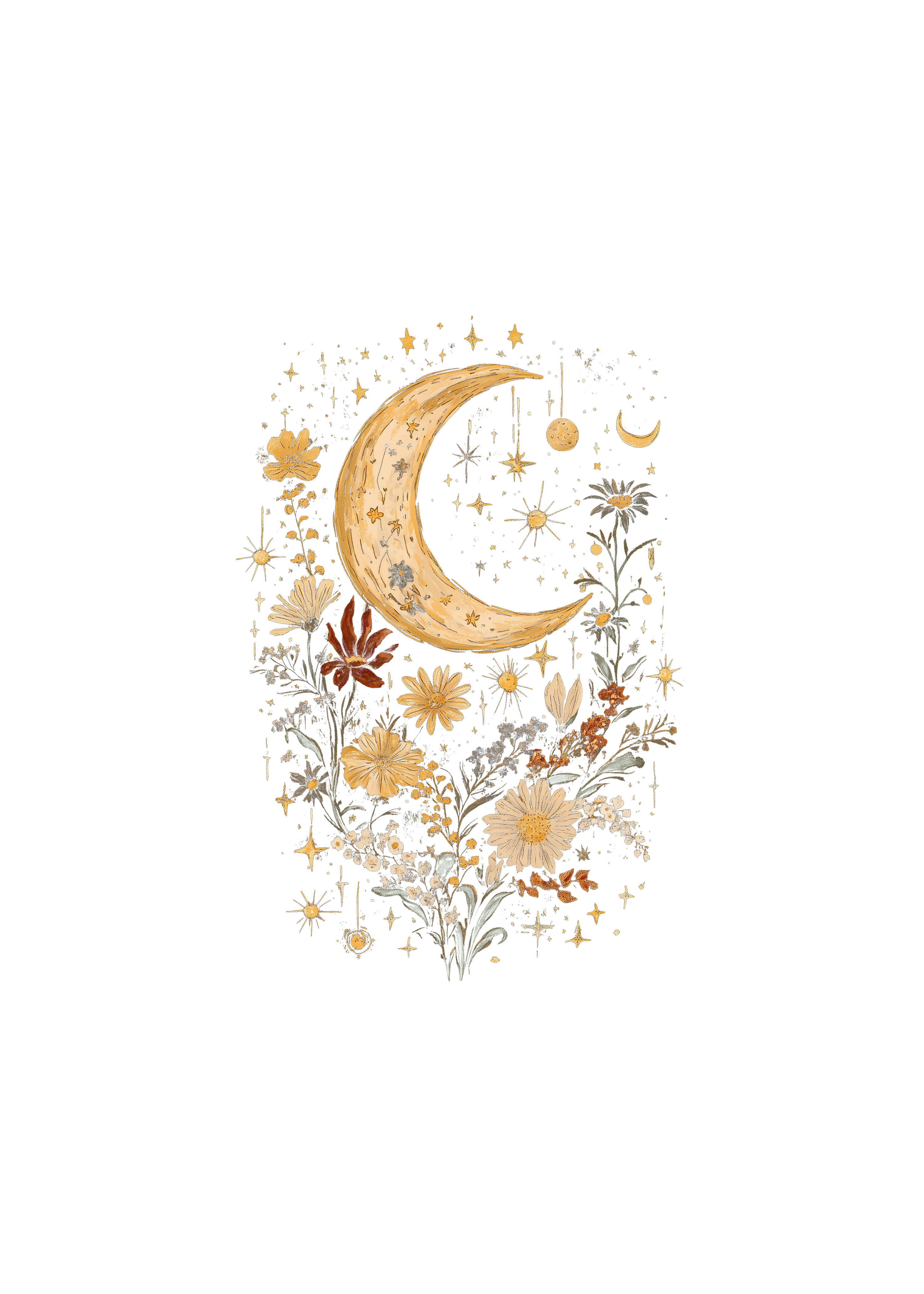 Camiseta gráfica unisex vintage de bambú/algodón con flores bohemias de luna celestial