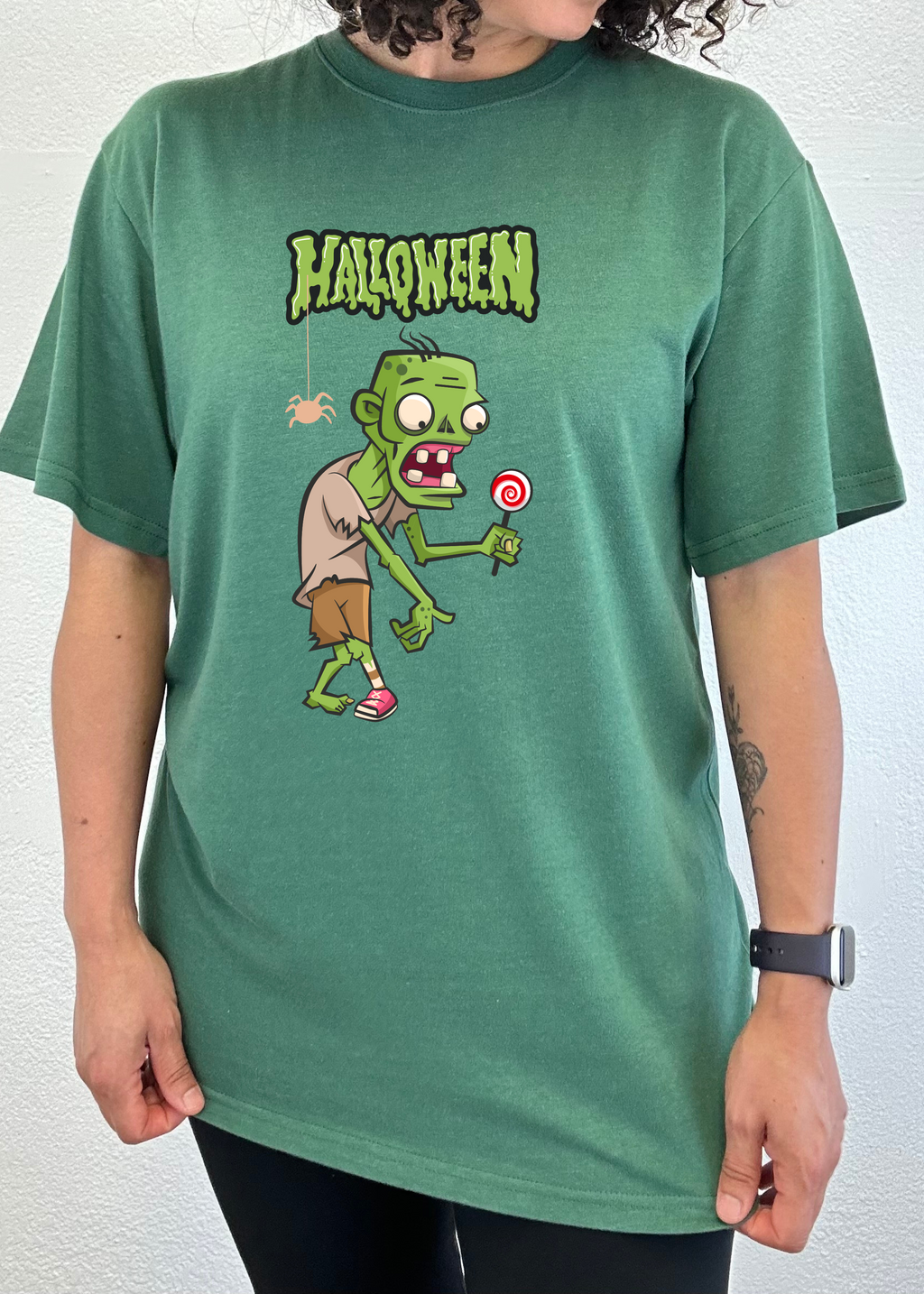 Camiseta gráfica de manga corta de bambú/algodón orgánico con monstruo verde de Halloween unisex