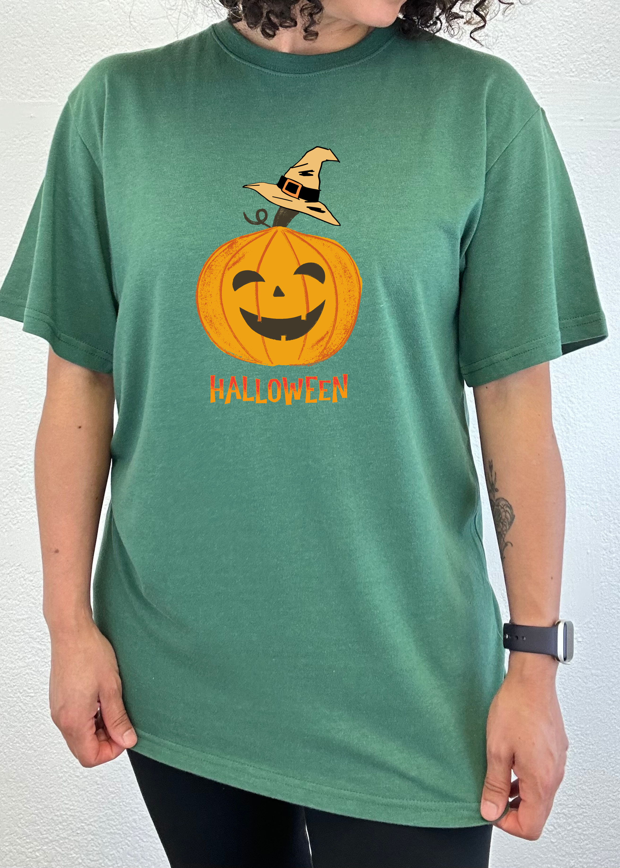 Camiseta gráfica de manga corta de viscosa de bambú/algodón orgánico unisex con calabaza de Halloween