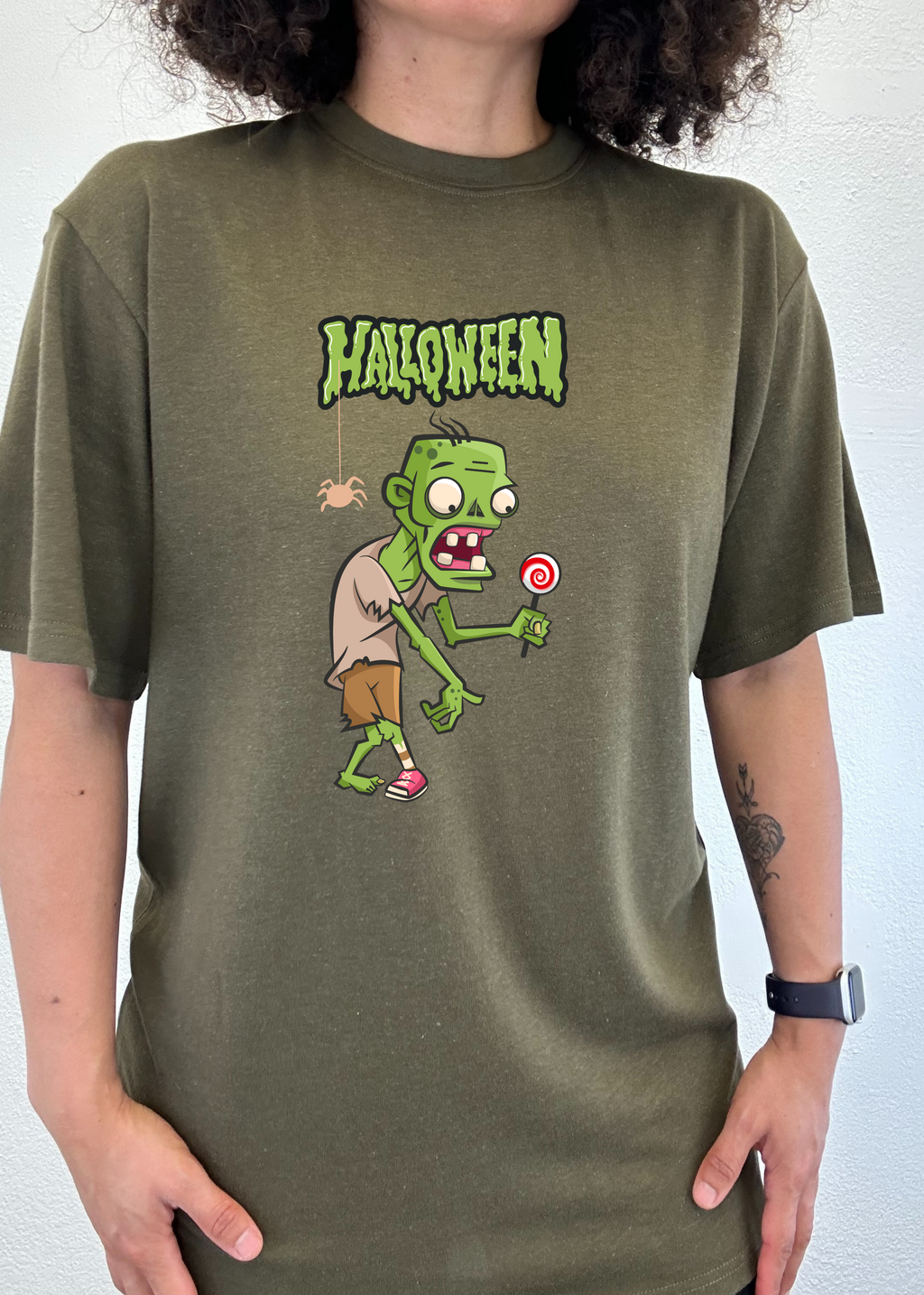 Camiseta gráfica de manga corta de bambú/algodón orgánico con monstruo verde de Halloween unisex