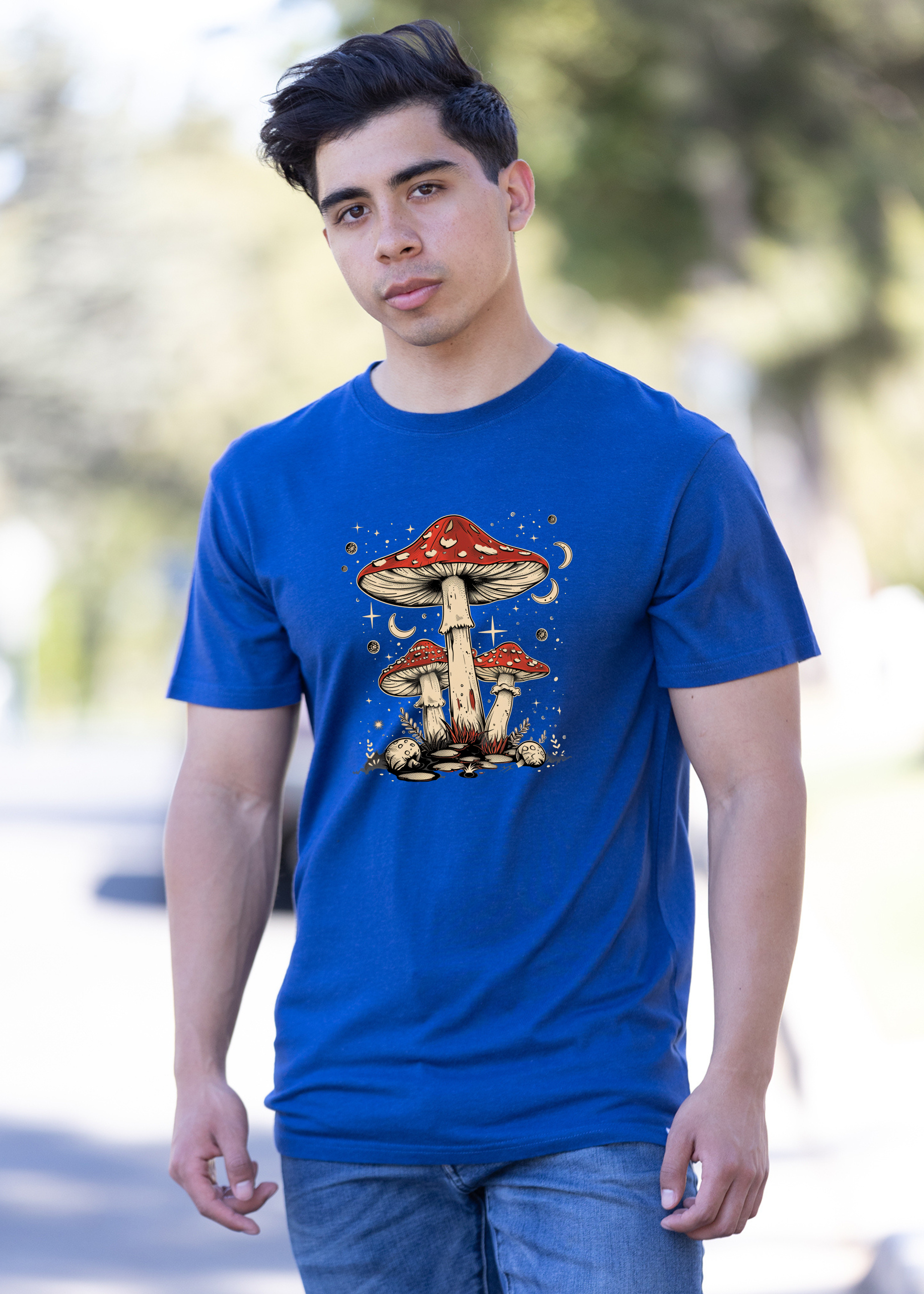 Camiseta gráfica unisex de bambú/algodón "Boho Retro Hippie Mushrooms Natural"
