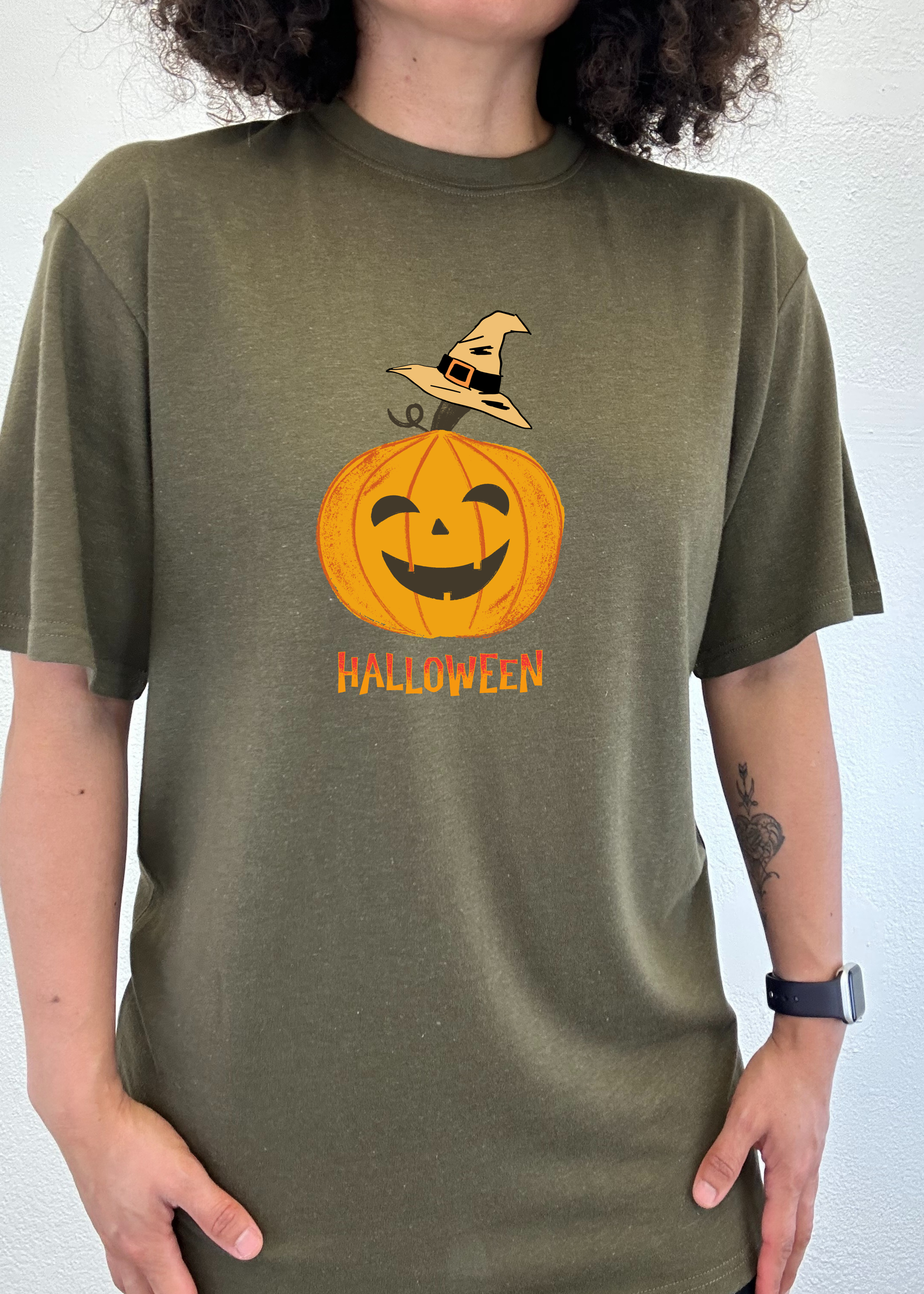 Camiseta gráfica de manga corta de viscosa de bambú/algodón orgánico unisex con calabaza de Halloween