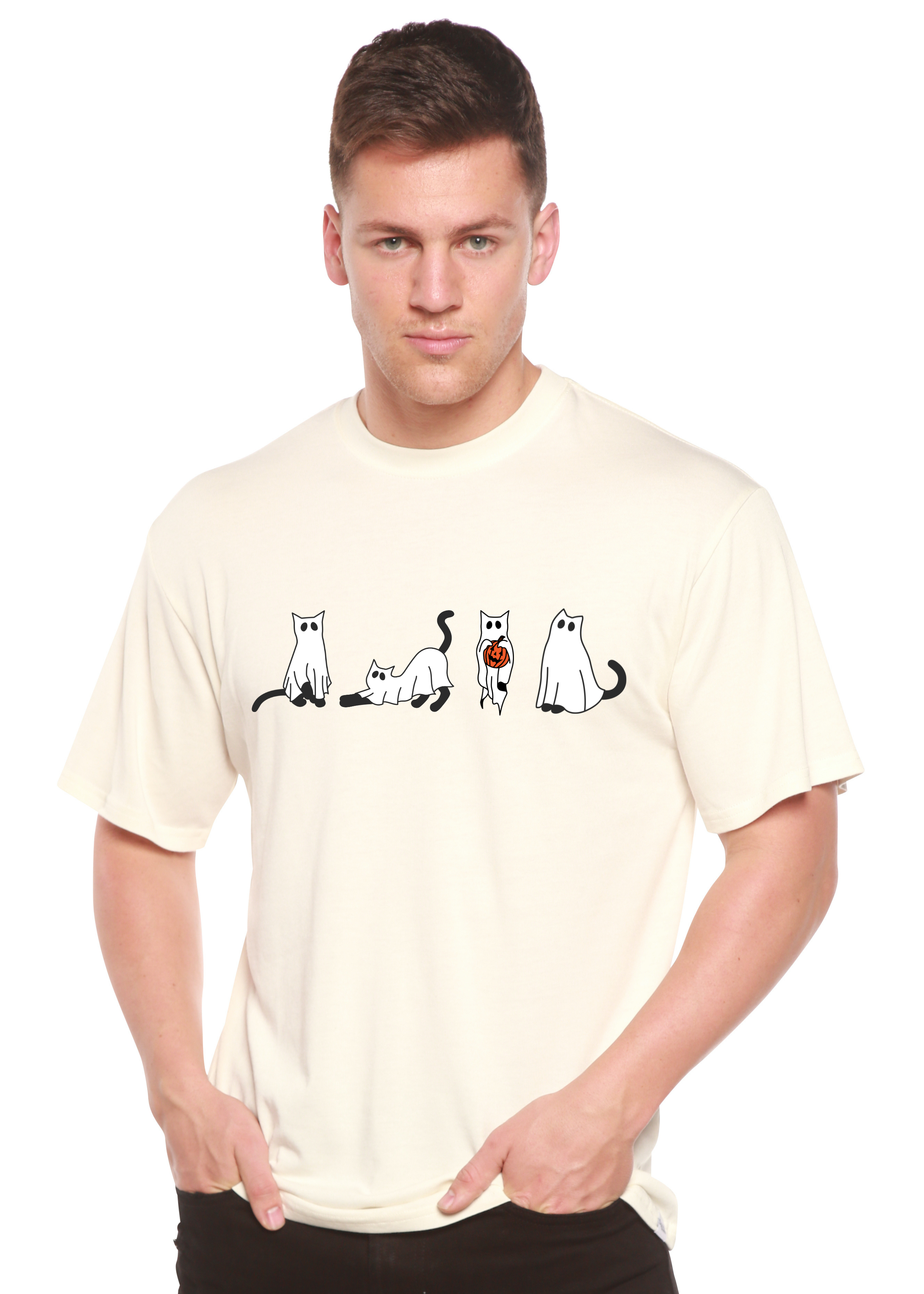 Camiseta gráfica de manga corta de viscosa de bambú/algodón orgánico para hombre con gatos de Halloween
