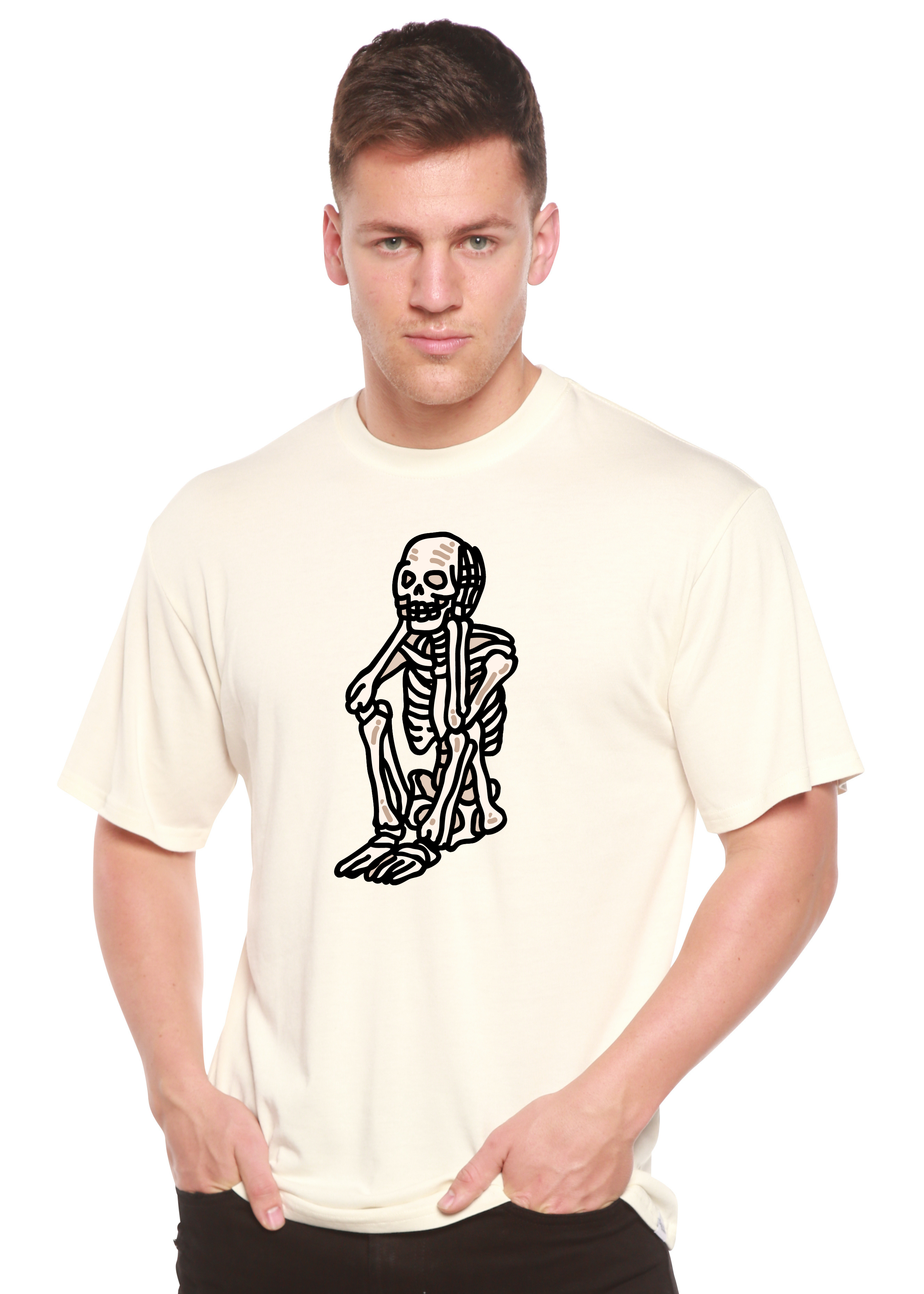 Camiseta gráfica de manga corta de bambú/algodón orgánico unisex de Halloween con esqueleto triste