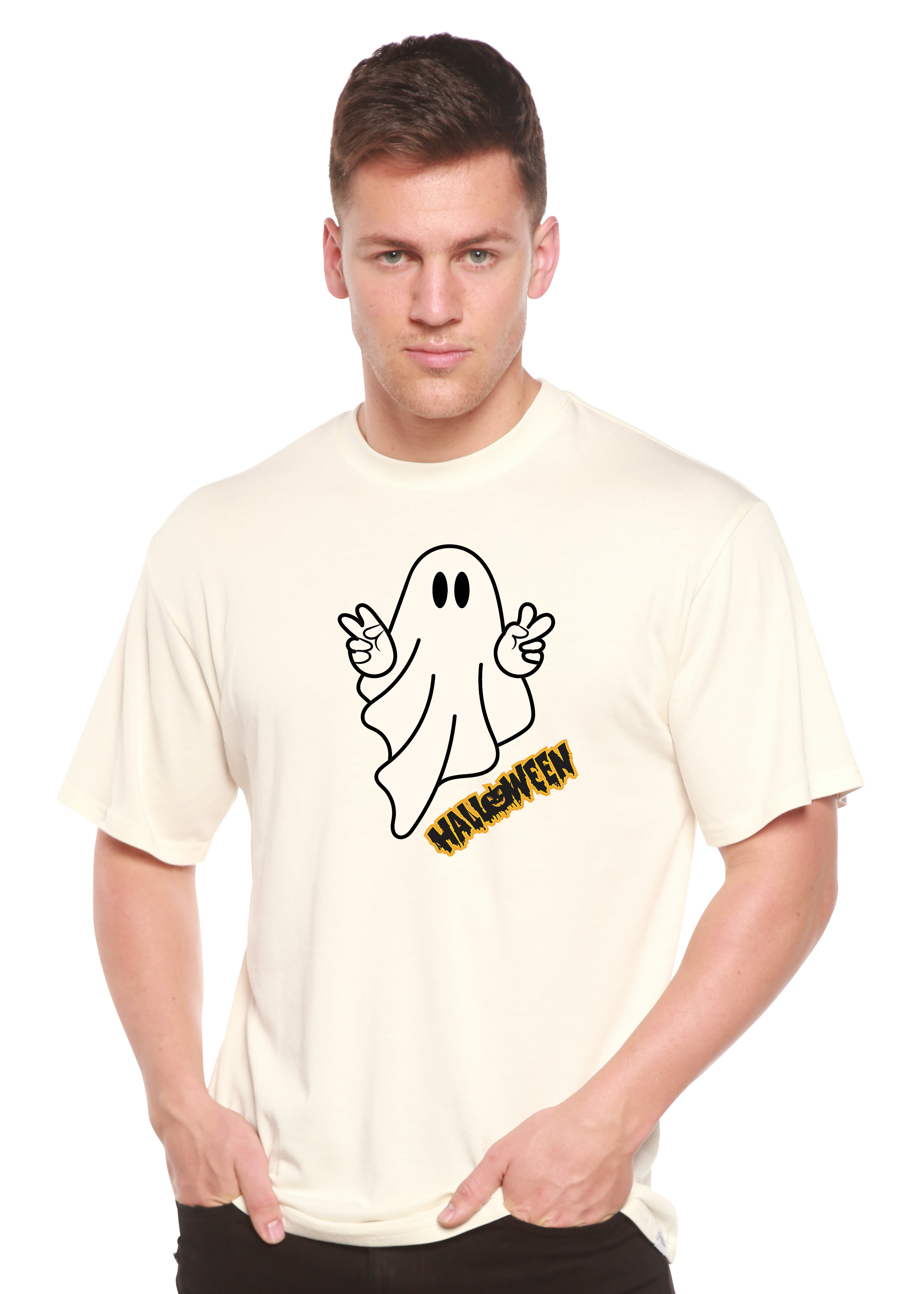 Camiseta gráfica de manga corta unisex Halloween Ghost de viscosa de bambú/algodón orgánico