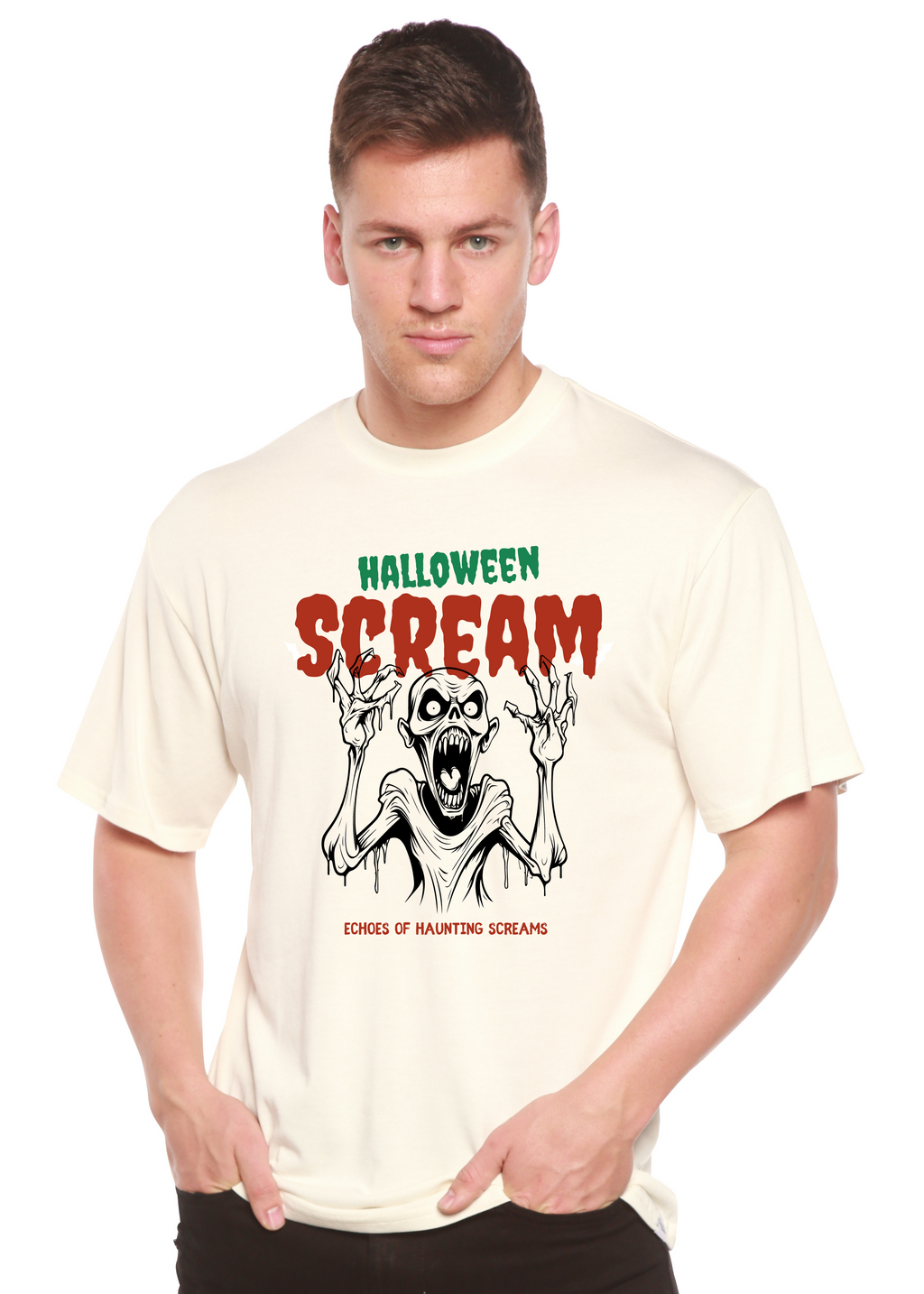 Camiseta gráfica de manga corta de viscosa de bambú y algodón orgánico para hombre Halloween Scream
