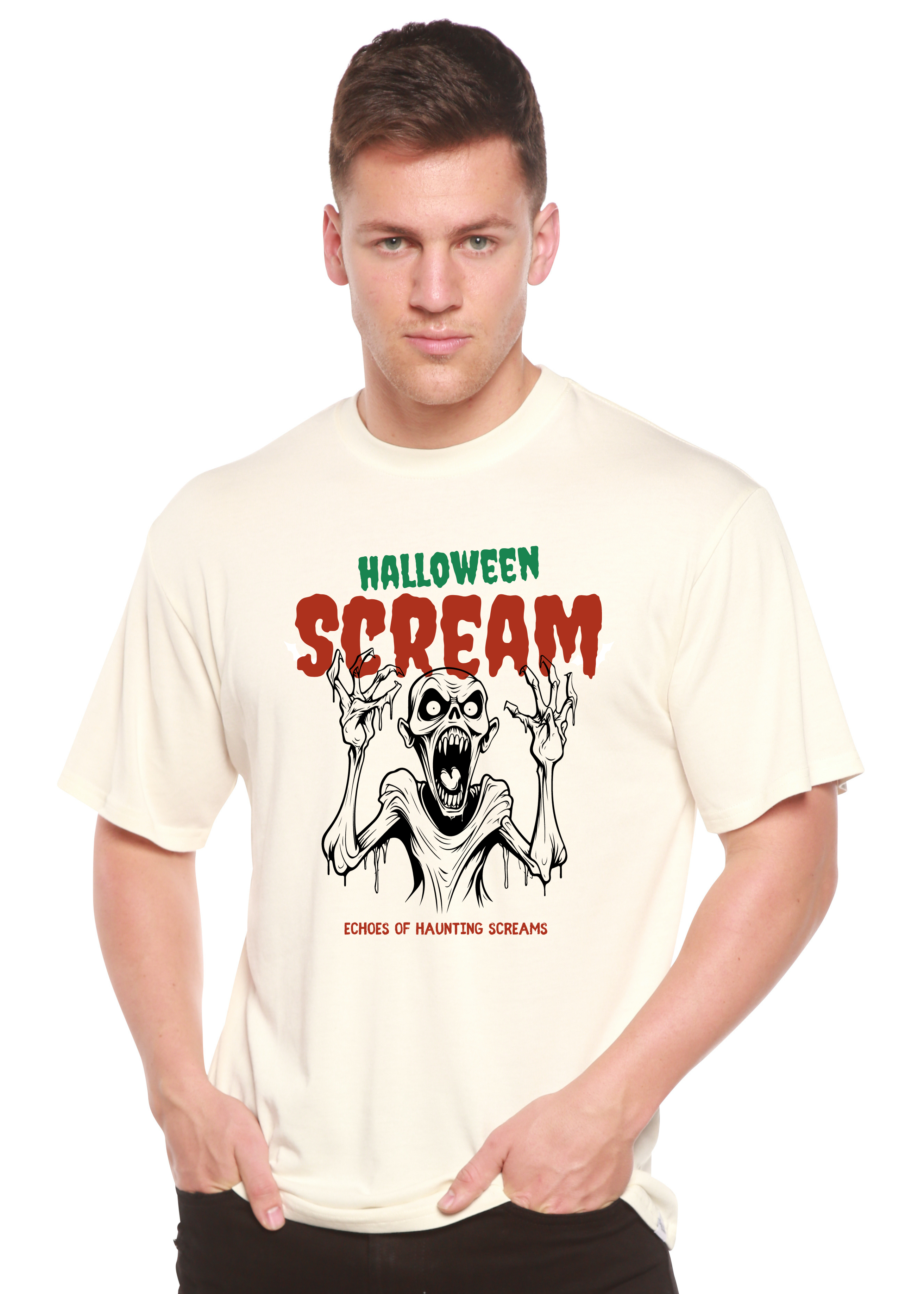 Camiseta gráfica de manga corta de viscosa de bambú y algodón orgánico para hombre Halloween Scream