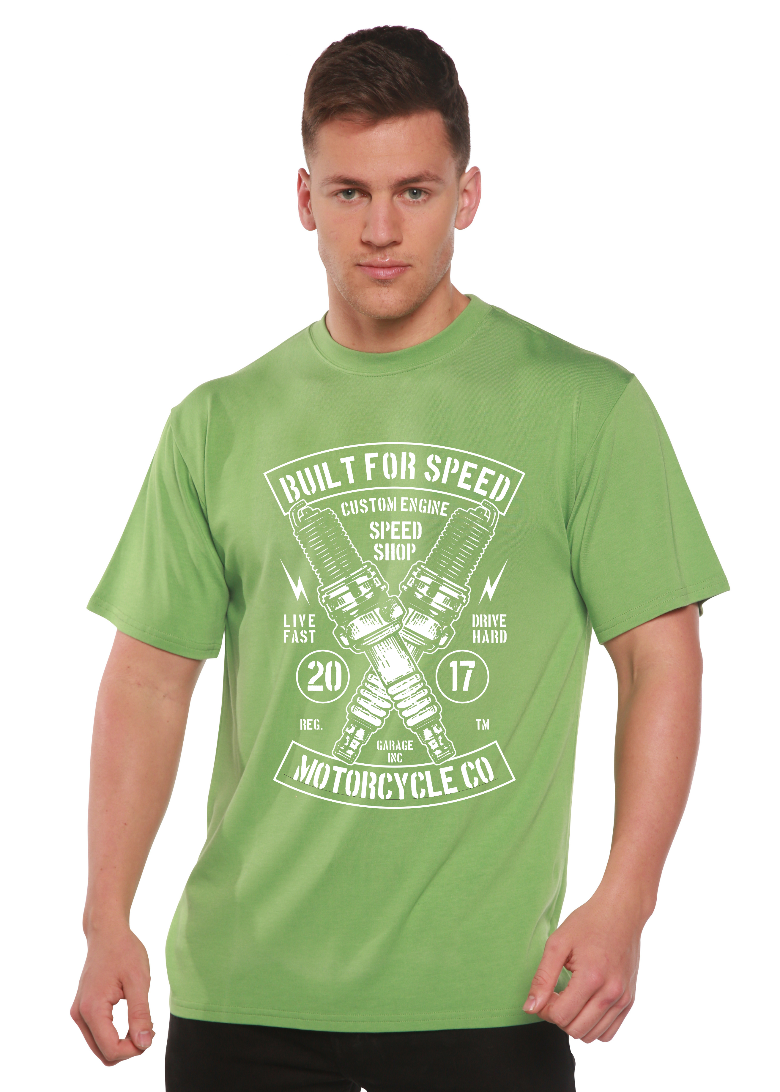 Camiseta gráfica de manga corta de viscosa de bambú/algodón orgánico "Built For Speed" para hombre