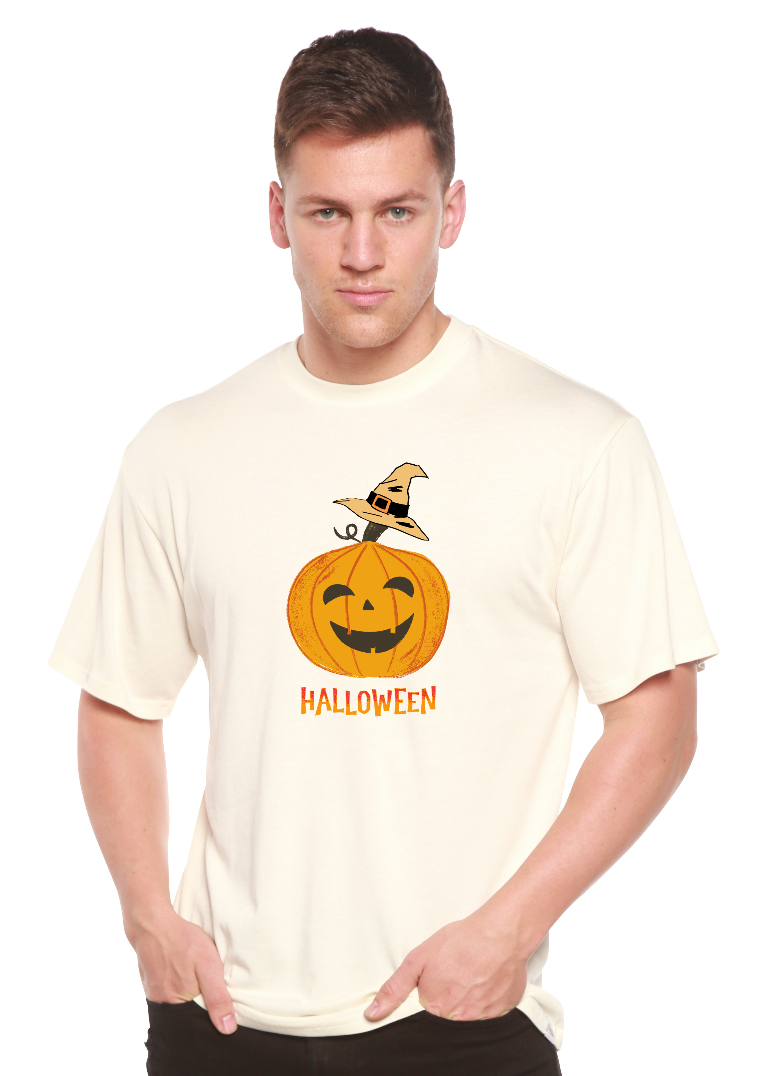 Camiseta gráfica de manga corta de viscosa de bambú/algodón orgánico unisex con calabaza de Halloween