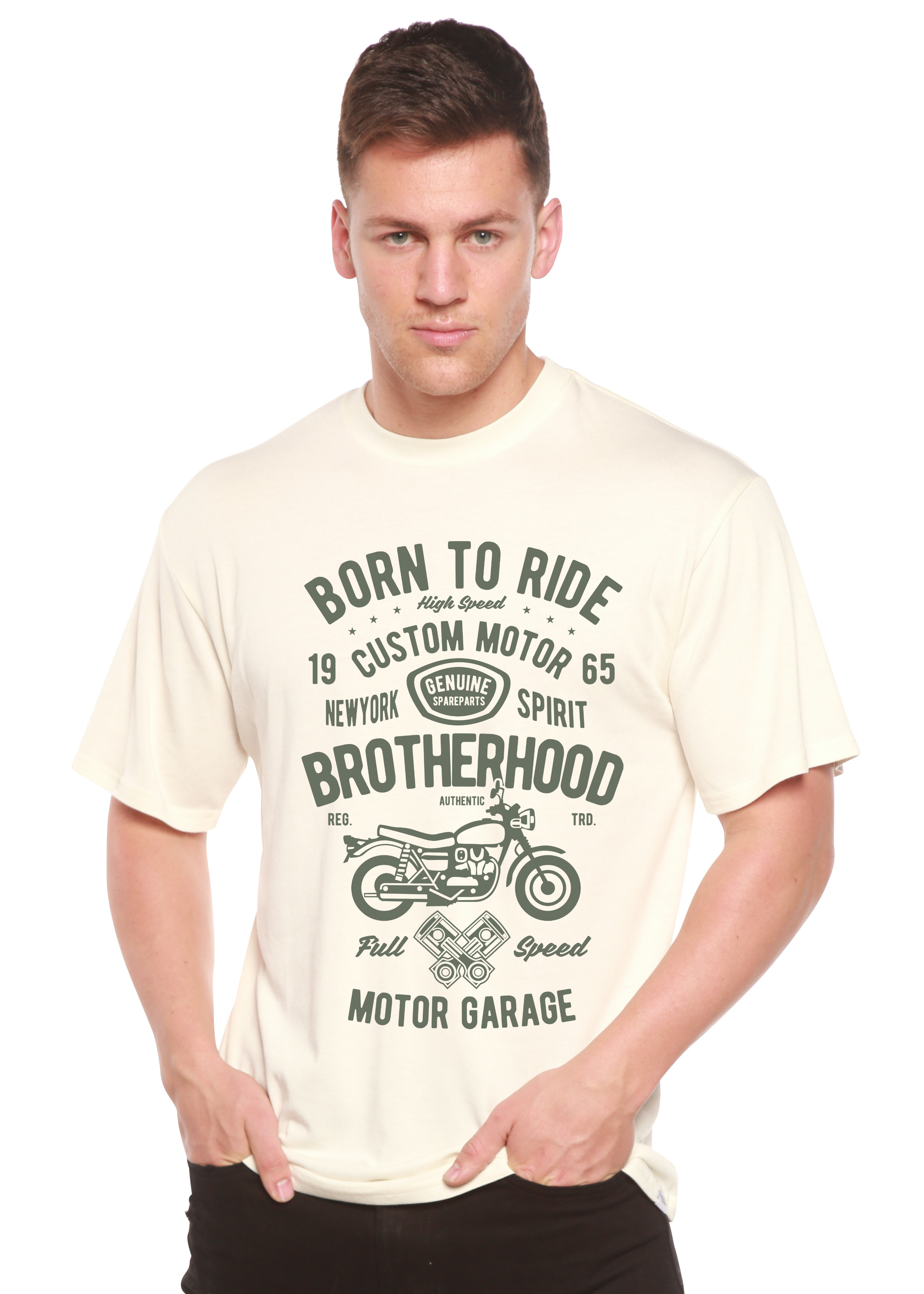 Camiseta gráfica de manga corta para hombre con viscosa de bambú/algodón orgánico "Hermandad Motera"
