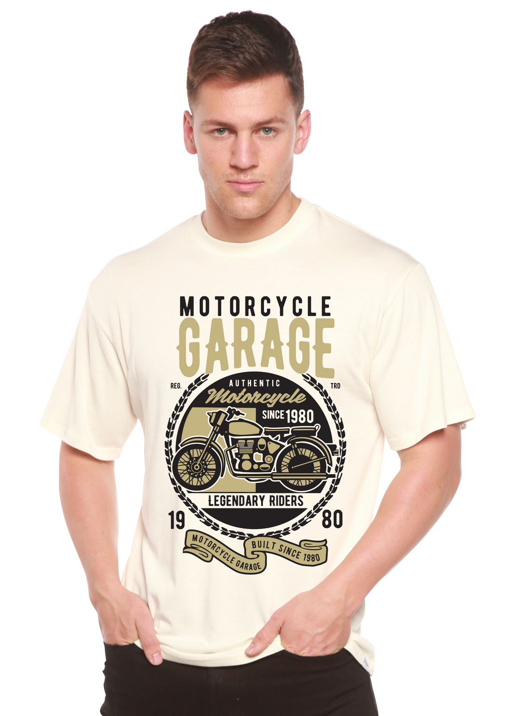 Camiseta gráfica de manga corta de viscosa de bambú y algodón orgánico para hombre "Motorcycle Garage"