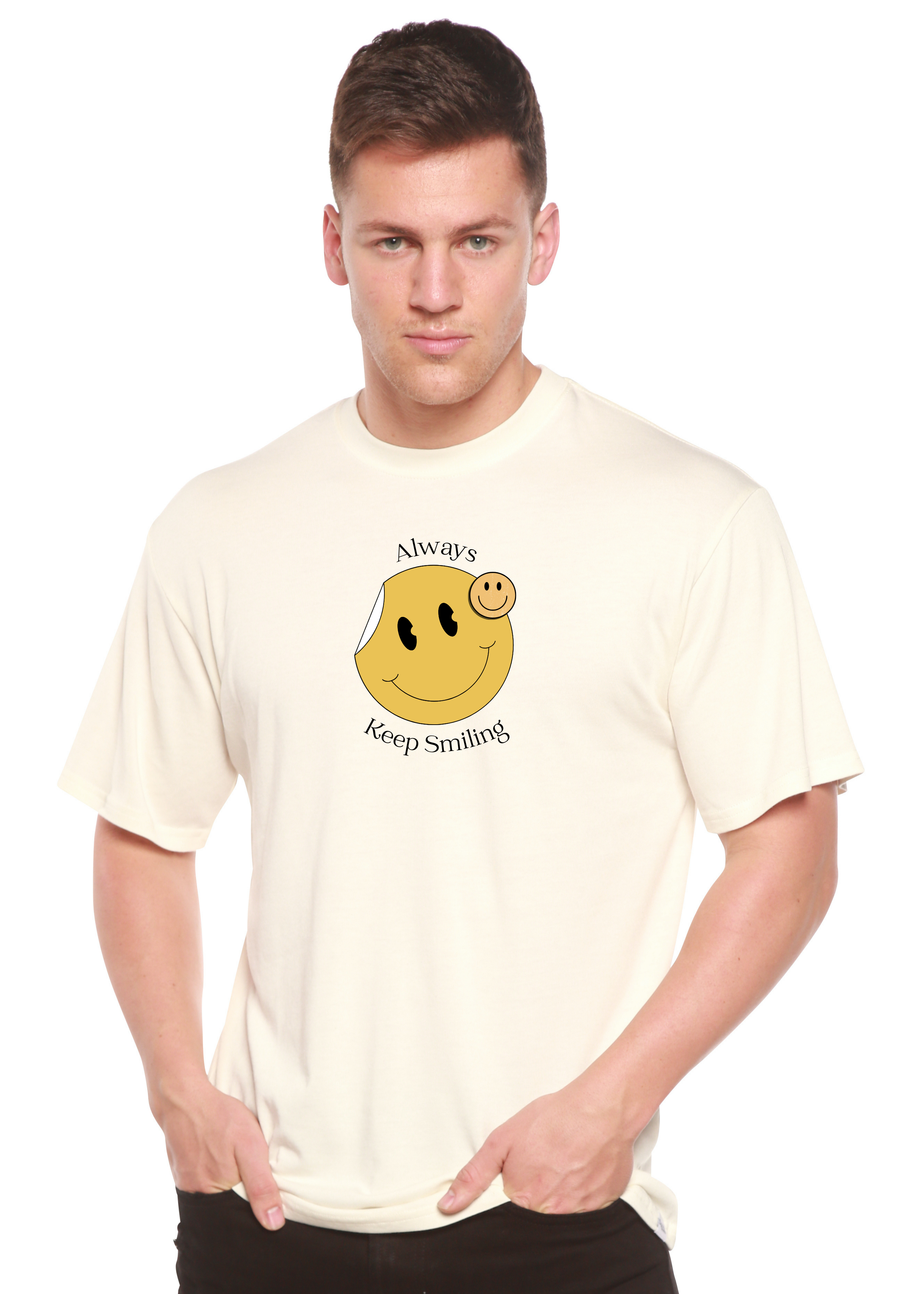 Camiseta gráfica de manga corta para hombre "Always Keep Smiling" de bambú viscosa/algodón orgánico