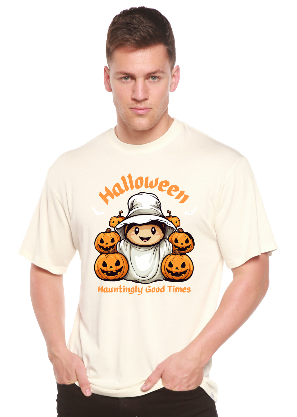 Camiseta gráfica de manga corta de bambú/algodón orgánico para hombre "Halloween Hauntingly Good Times Day"