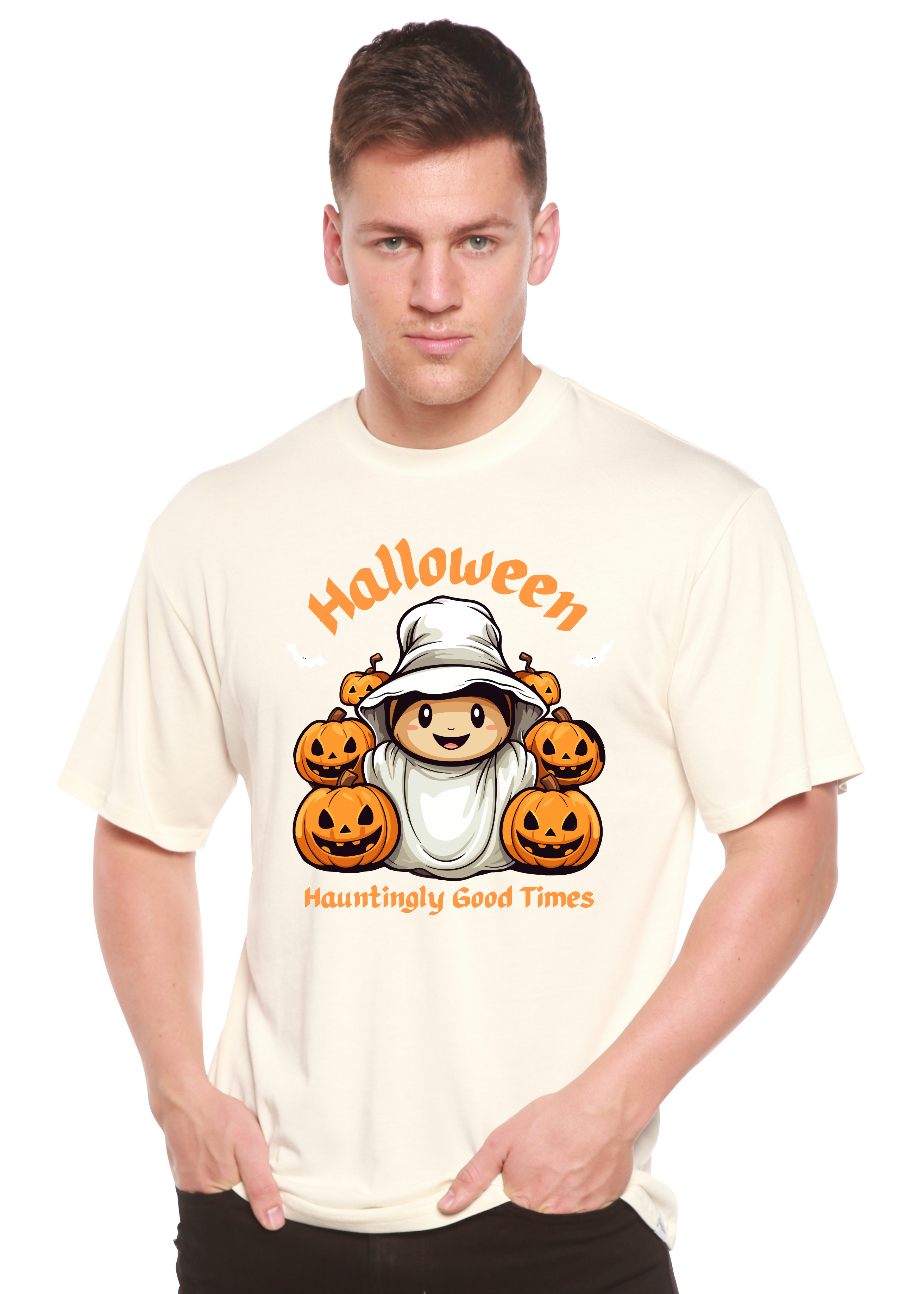 Camiseta gráfica de manga corta de bambú/algodón orgánico para hombre "Halloween Hauntingly Good Times Day"