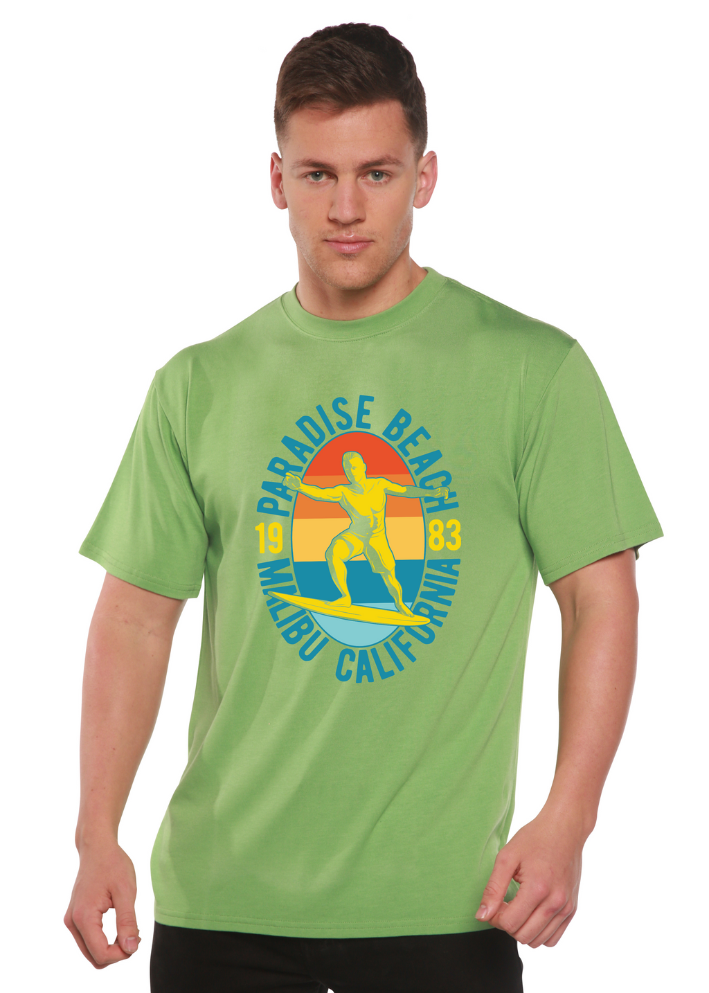 Camiseta gráfica de manga corta de bambú/algodón orgánico Paradise Beach 1983 para hombre