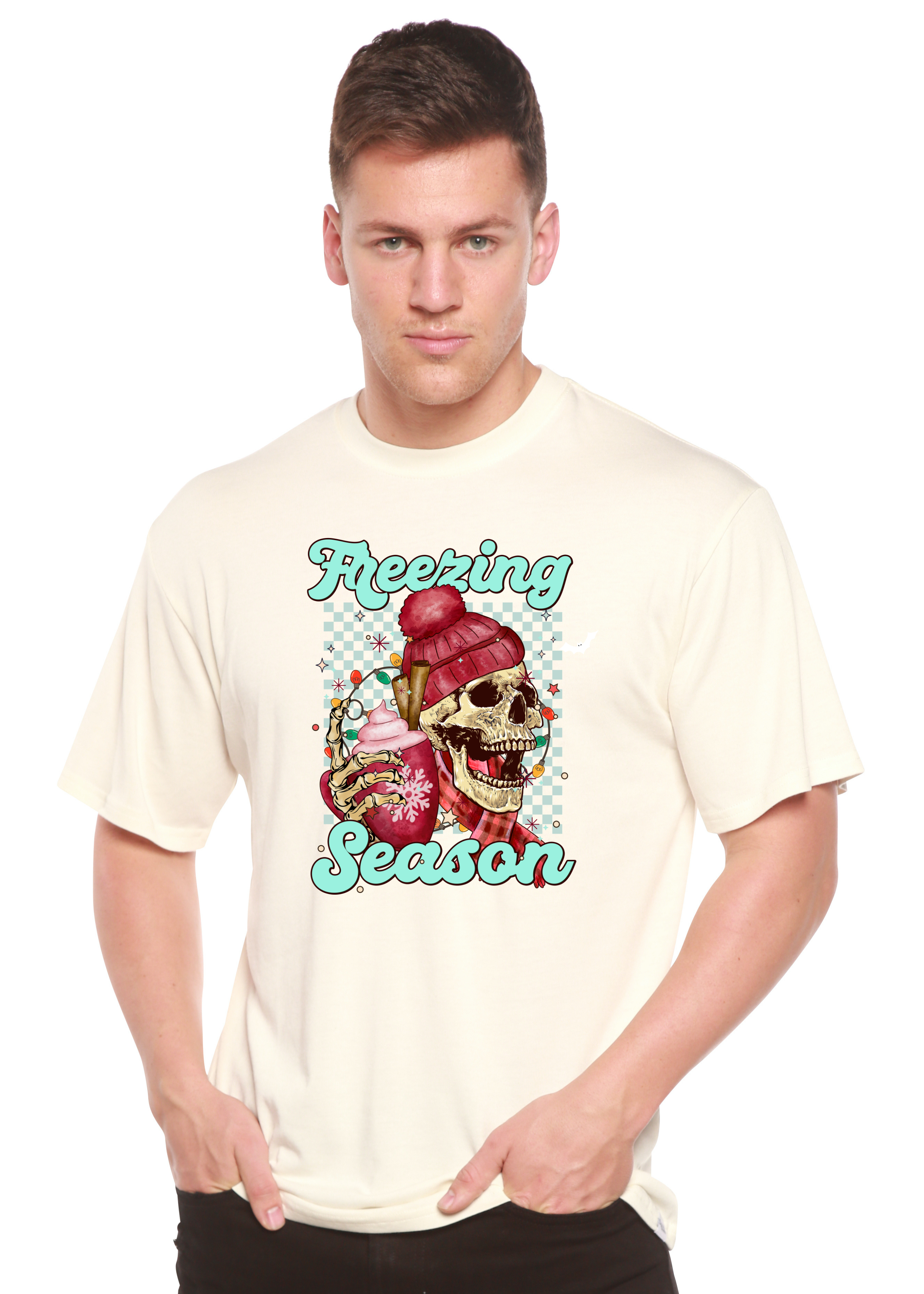 Camiseta Gráfica Unisex de Manga Corta de Viscosa de Bambú/Algodón Orgánico "Temporada de Frío"