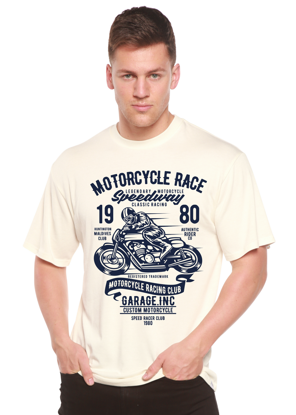 Camiseta gráfica de manga corta de viscosa de bambú y algodón orgánico para hombre con diseño de motos de carrera