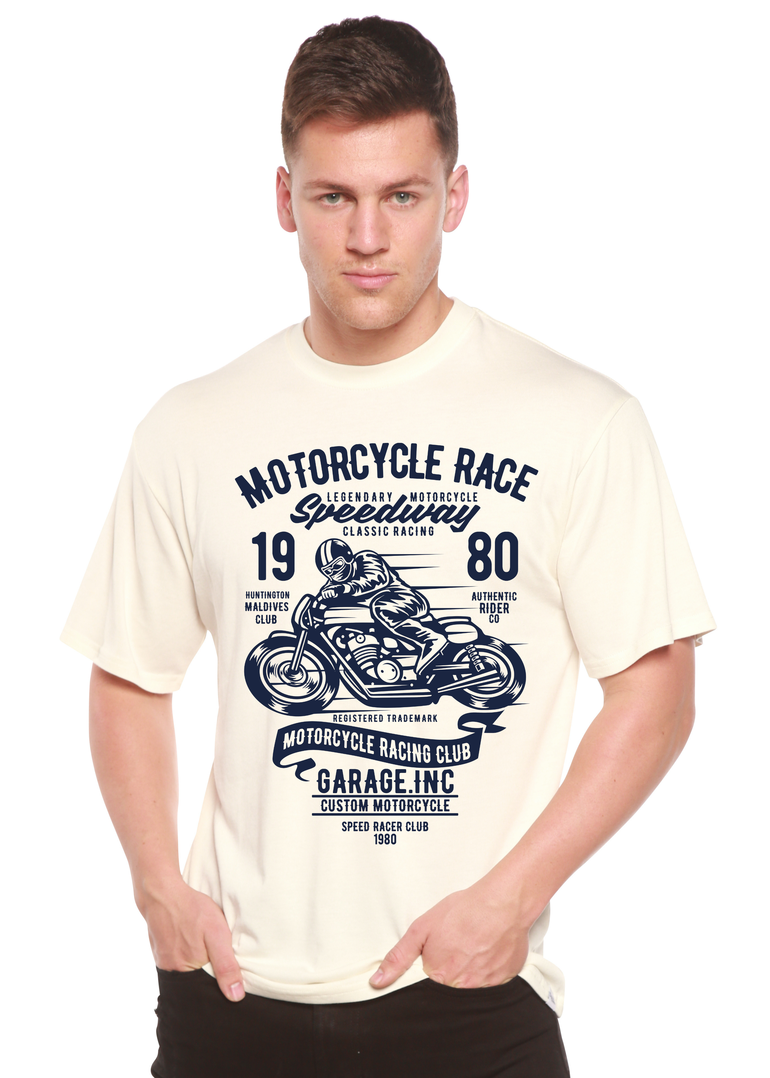 Camiseta gráfica de manga corta de viscosa de bambú y algodón orgánico para hombre con diseño de motos de carrera