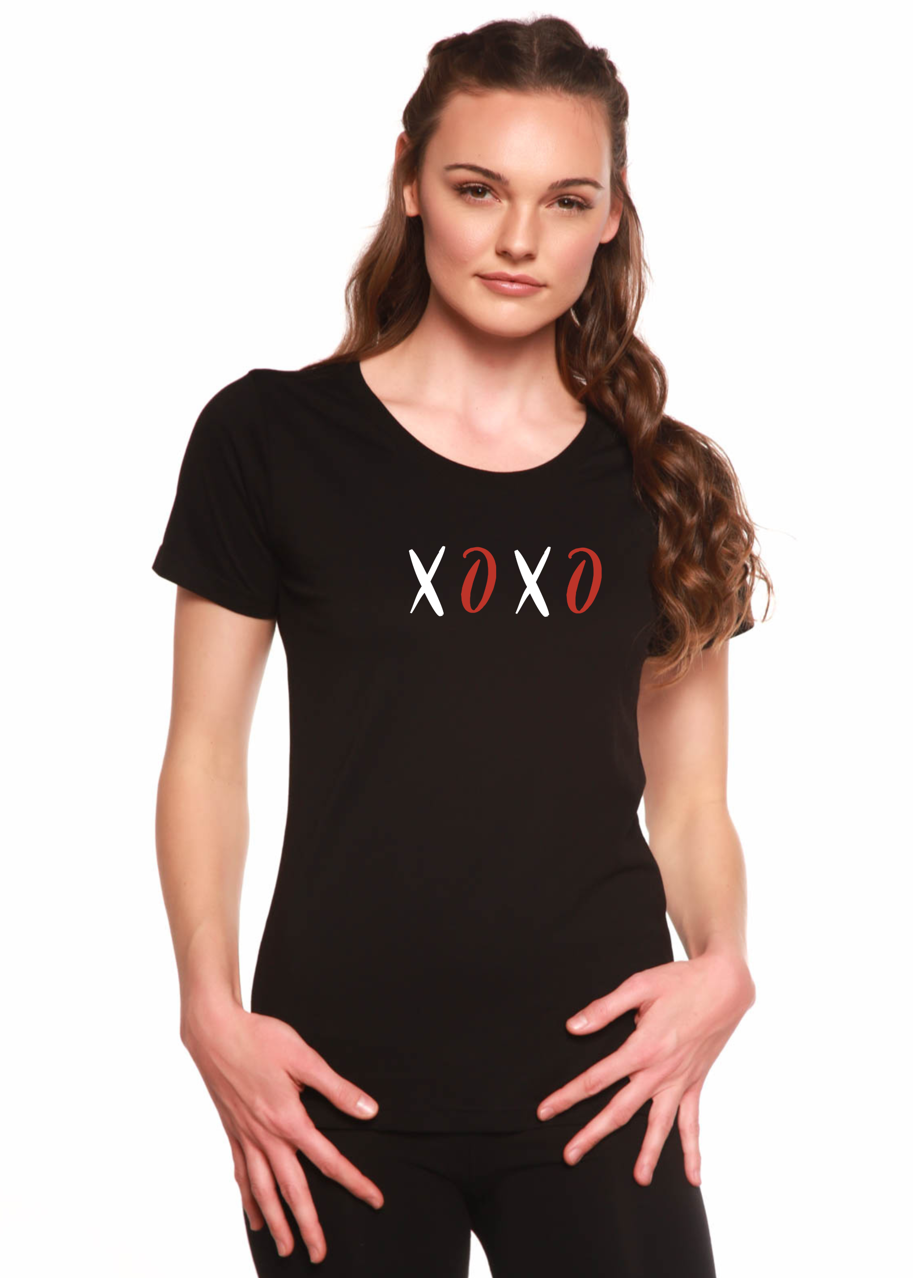 Camiseta gráfica de manga de bambú con cuello redondo para mujer XOXO