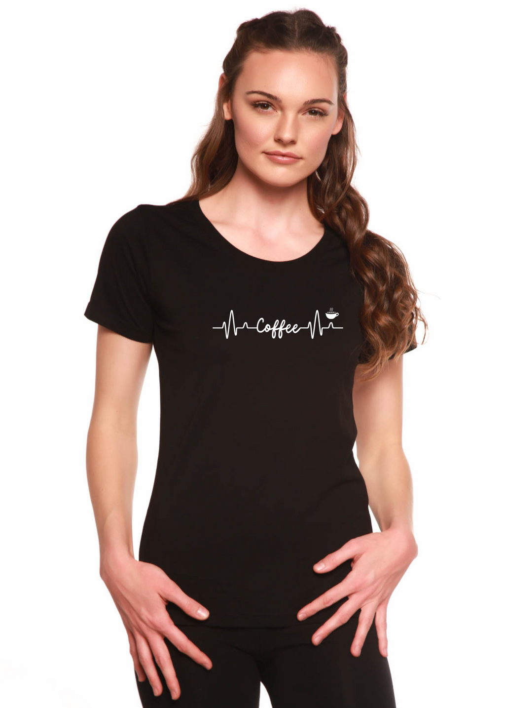 Camiseta de manga corta con cuello redondo para mujer de bambú/algodón con estampado Heartbeat Coffee