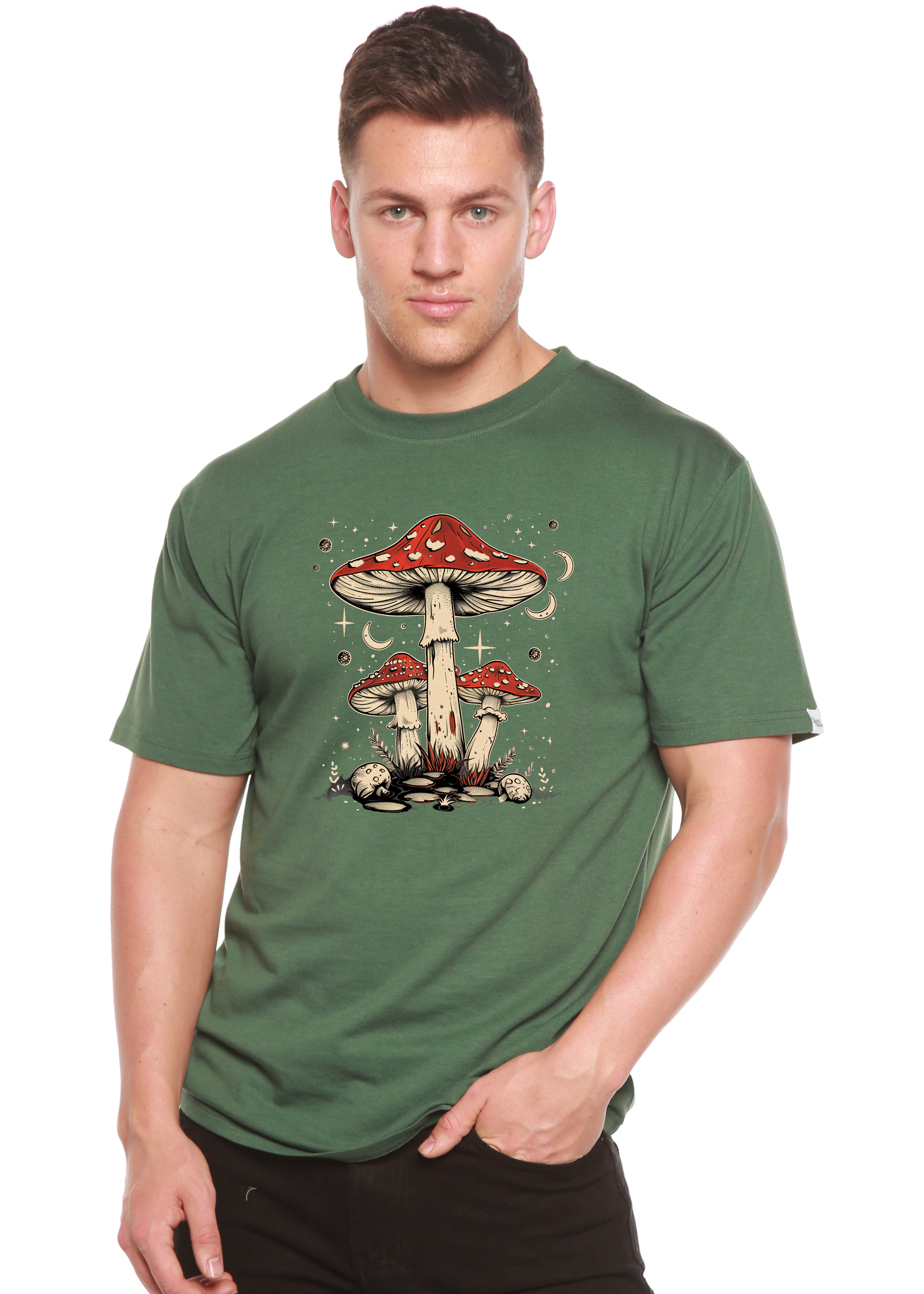Camiseta gráfica unisex de bambú/algodón "Boho Retro Hippie Mushrooms Natural"