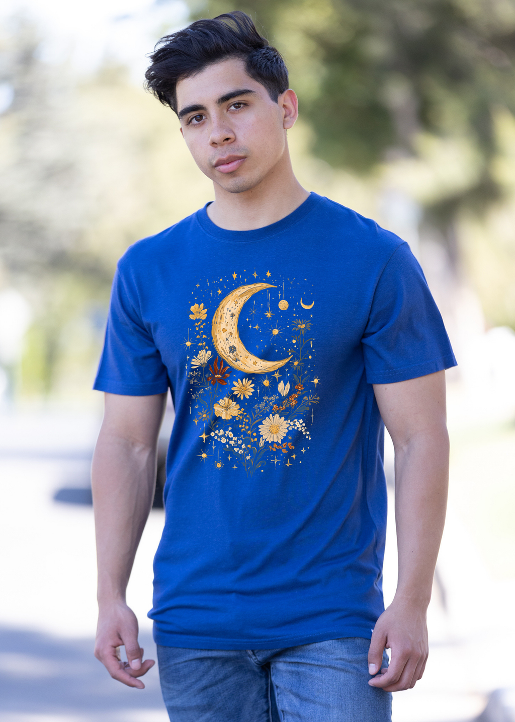 Camiseta gráfica unisex vintage de bambú/algodón con flores bohemias de luna celestial