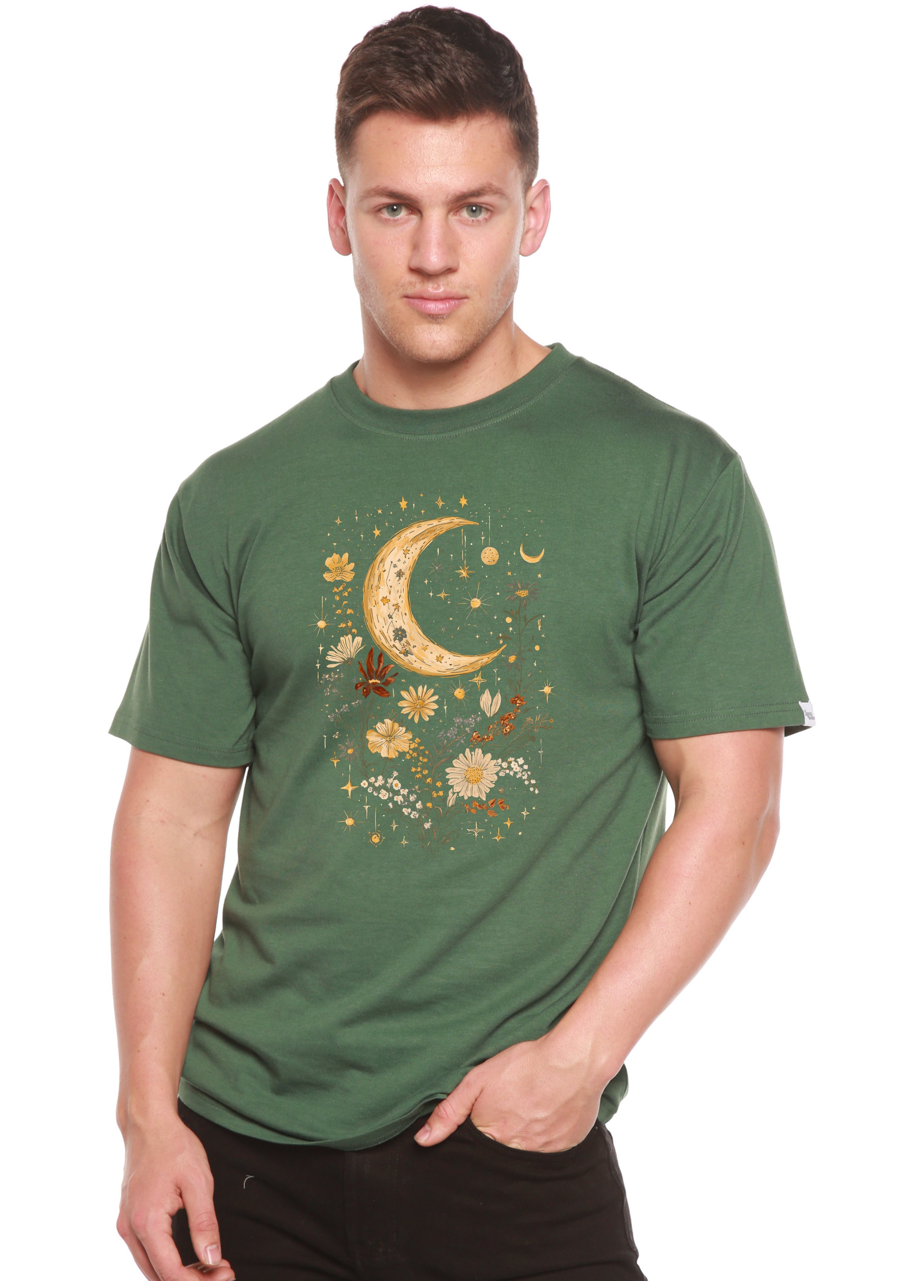 Camiseta gráfica unisex vintage de bambú/algodón con flores bohemias de luna celestial