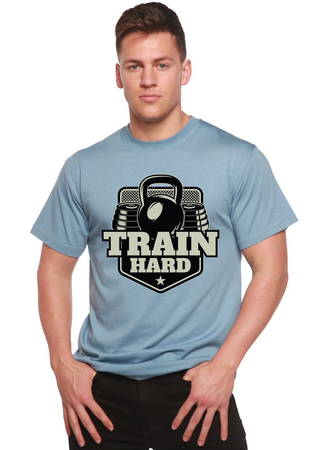 Camiseta gráfica de manga corta de bambú-viscosa/algodón orgánico para hombre "Entrena duro"