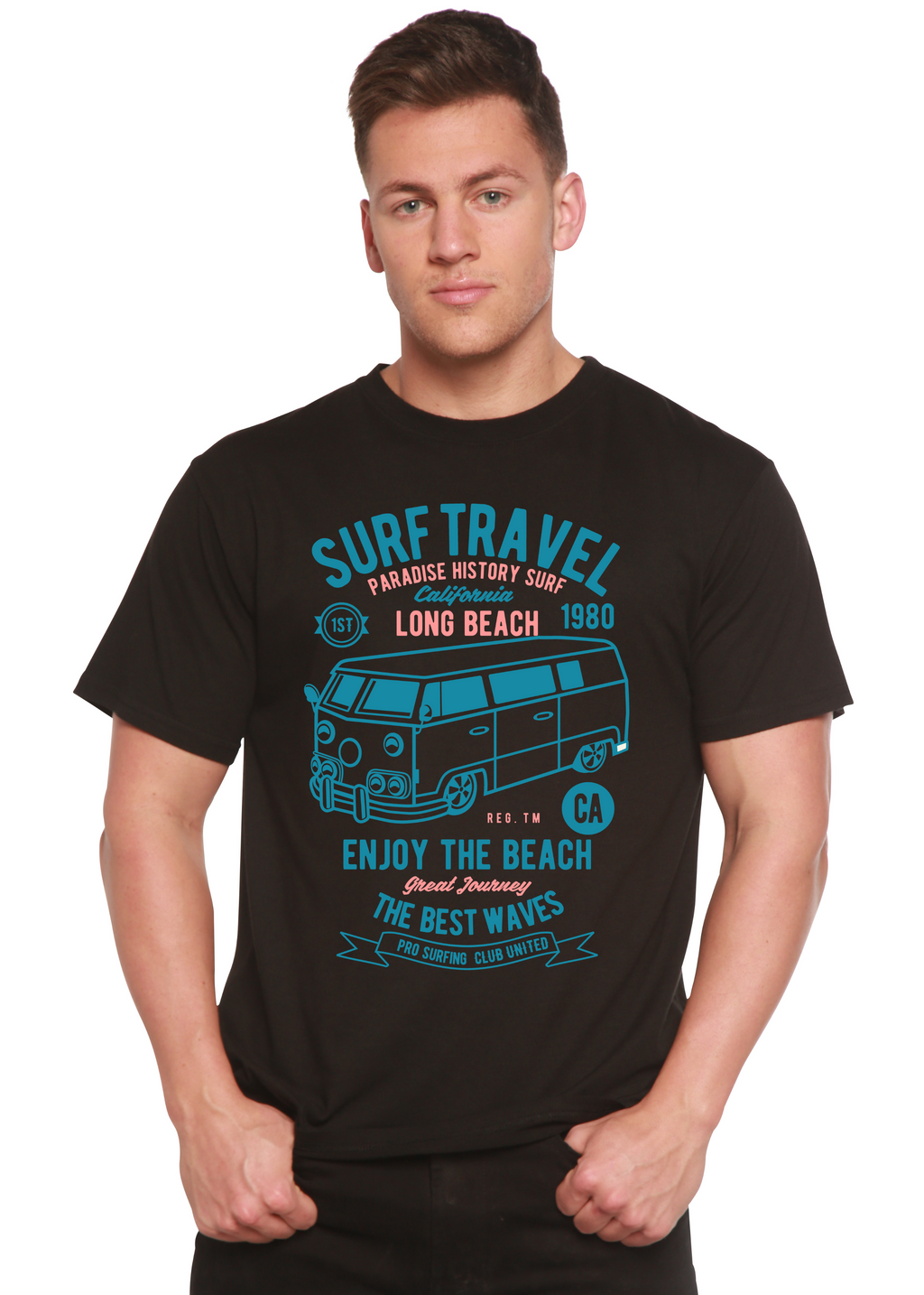 Camiseta gráfica de manga corta de bambú/algodón orgánico Surf Travel Spun Bamboo® para hombre