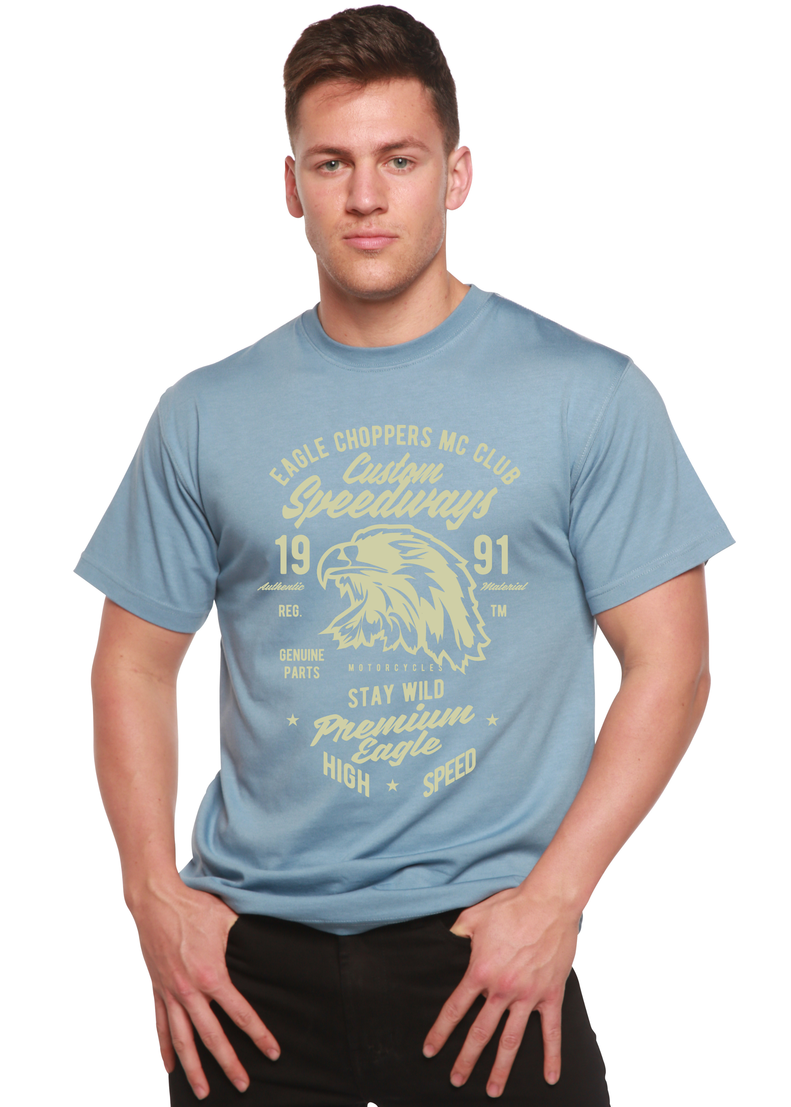 Camiseta de manga corta con gráfico Custom Speedways Premium Eagle de viscosa de bambú y algodón orgánico para hombre