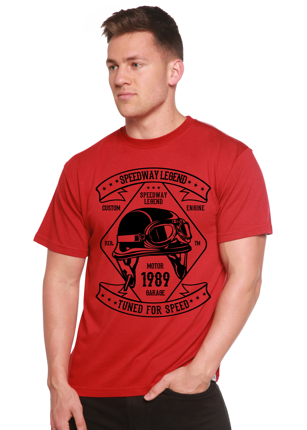 Camiseta gráfica de manga corta de bambú/algodón orgánico para hombre Spun Bamboo® Leyenda de las carreras de Speedway
