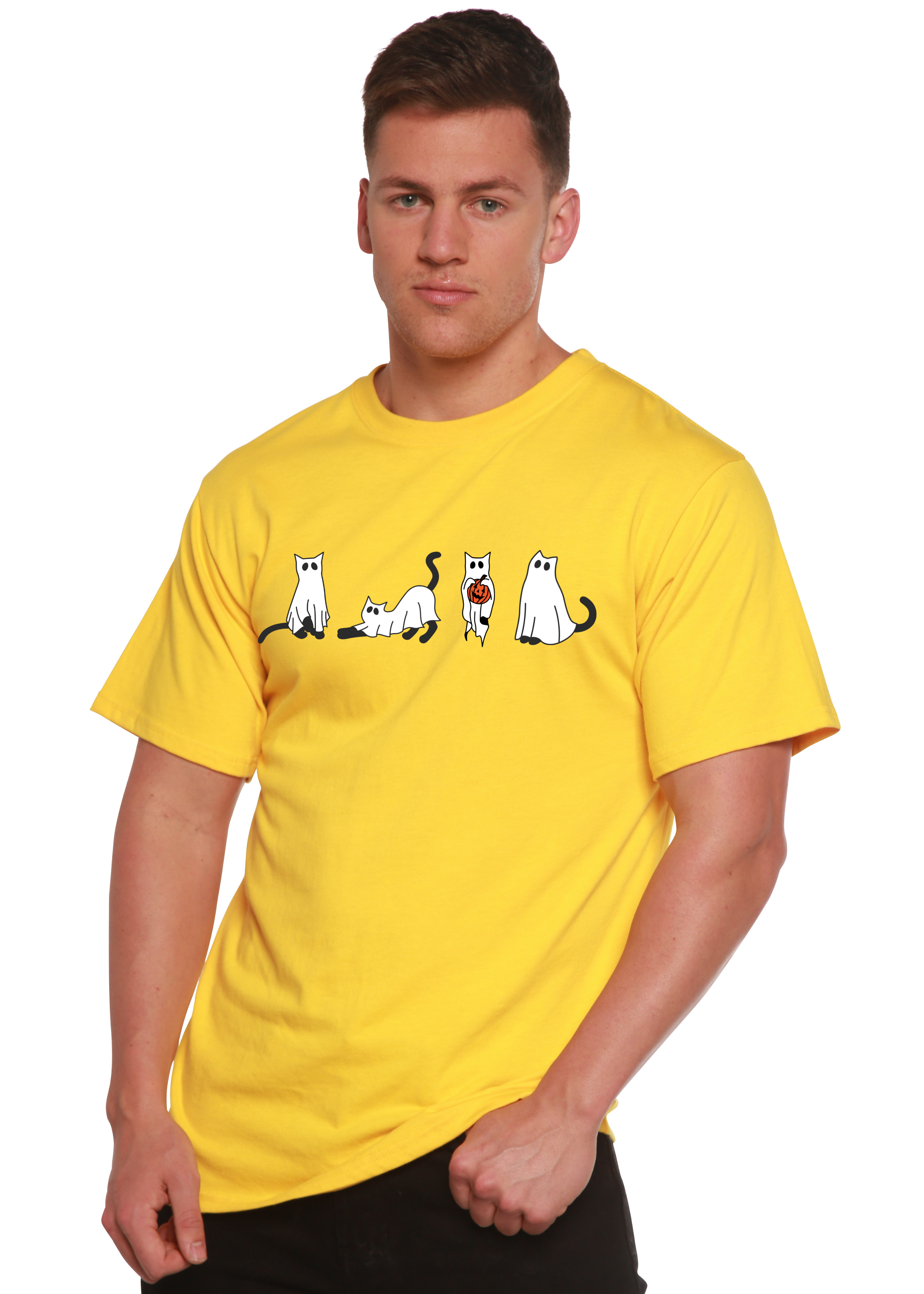 Camiseta gráfica de manga corta de viscosa de bambú/algodón orgánico para hombre con gatos de Halloween