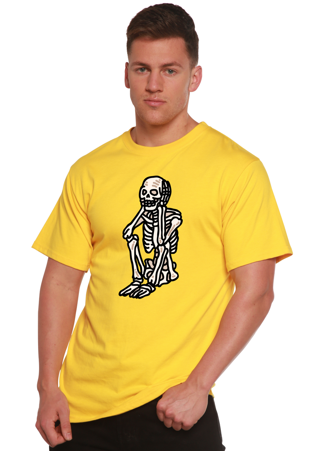 Camiseta gráfica de manga corta de bambú/algodón orgánico unisex de Halloween con esqueleto triste