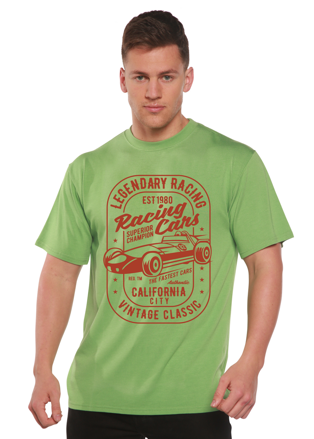 Camiseta gráfica de manga corta para hombre Legendary Racing Cars de bambú-viscosa/algodón orgánico