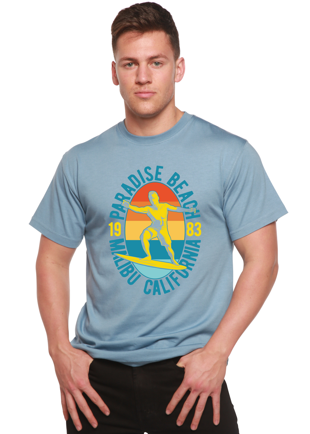 Camiseta gráfica de manga corta de bambú/algodón orgánico Paradise Beach 1983 para hombre
