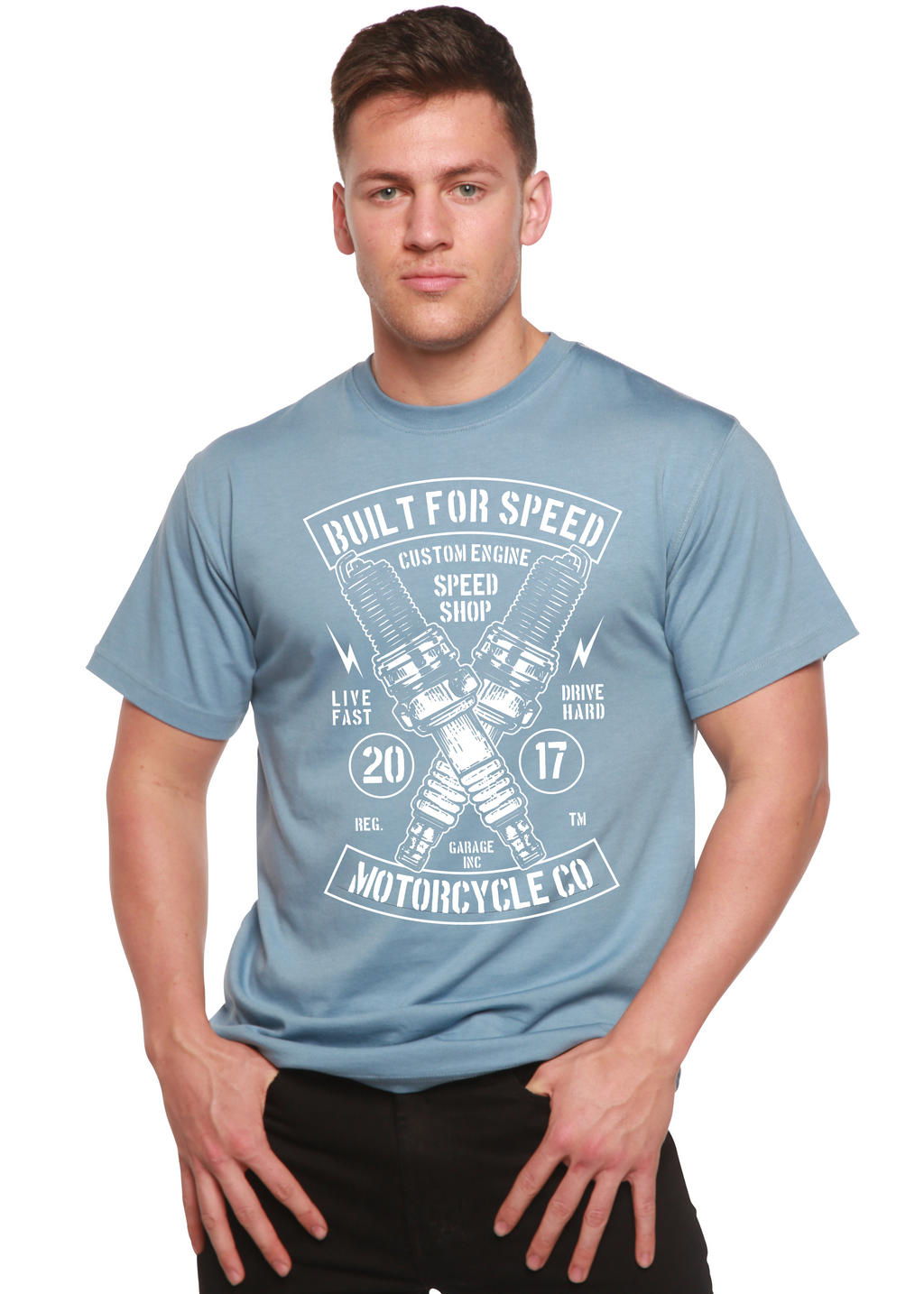 Camiseta gráfica de manga corta de viscosa de bambú/algodón orgánico "Built For Speed" para hombre