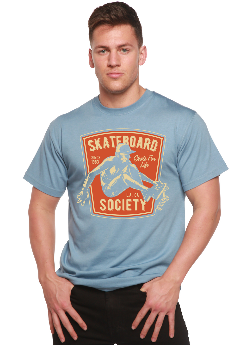 Camiseta gráfica de manga corta de viscosa de bambú y algodón orgánico para hombre Skateboard Society