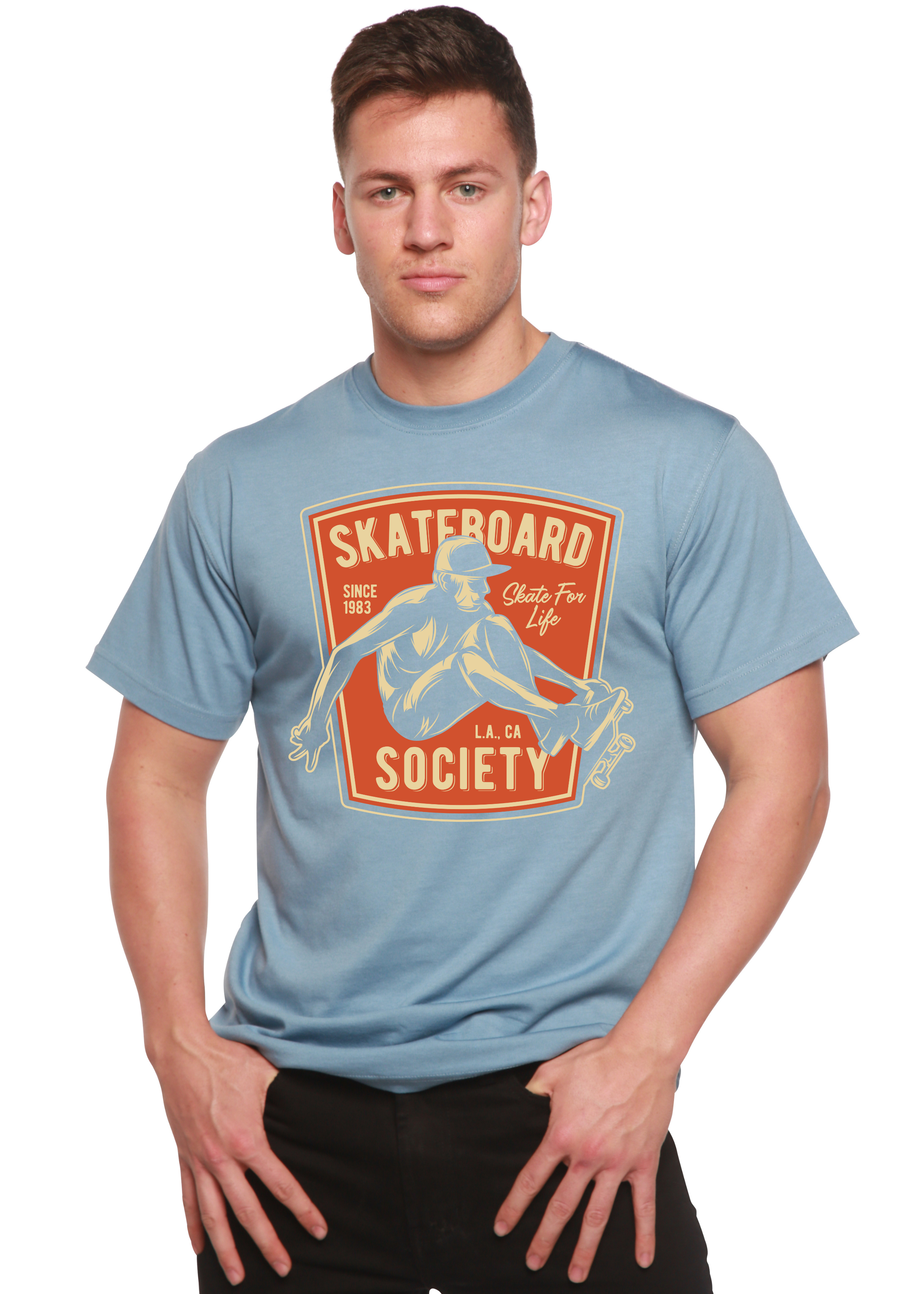 Camiseta gráfica de manga corta de viscosa de bambú y algodón orgánico para hombre Skateboard Society