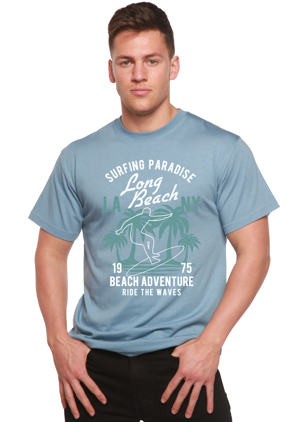 Camiseta gráfica de manga corta de viscosa de bambú/algodón orgánico "Aventura en la playa" para hombre