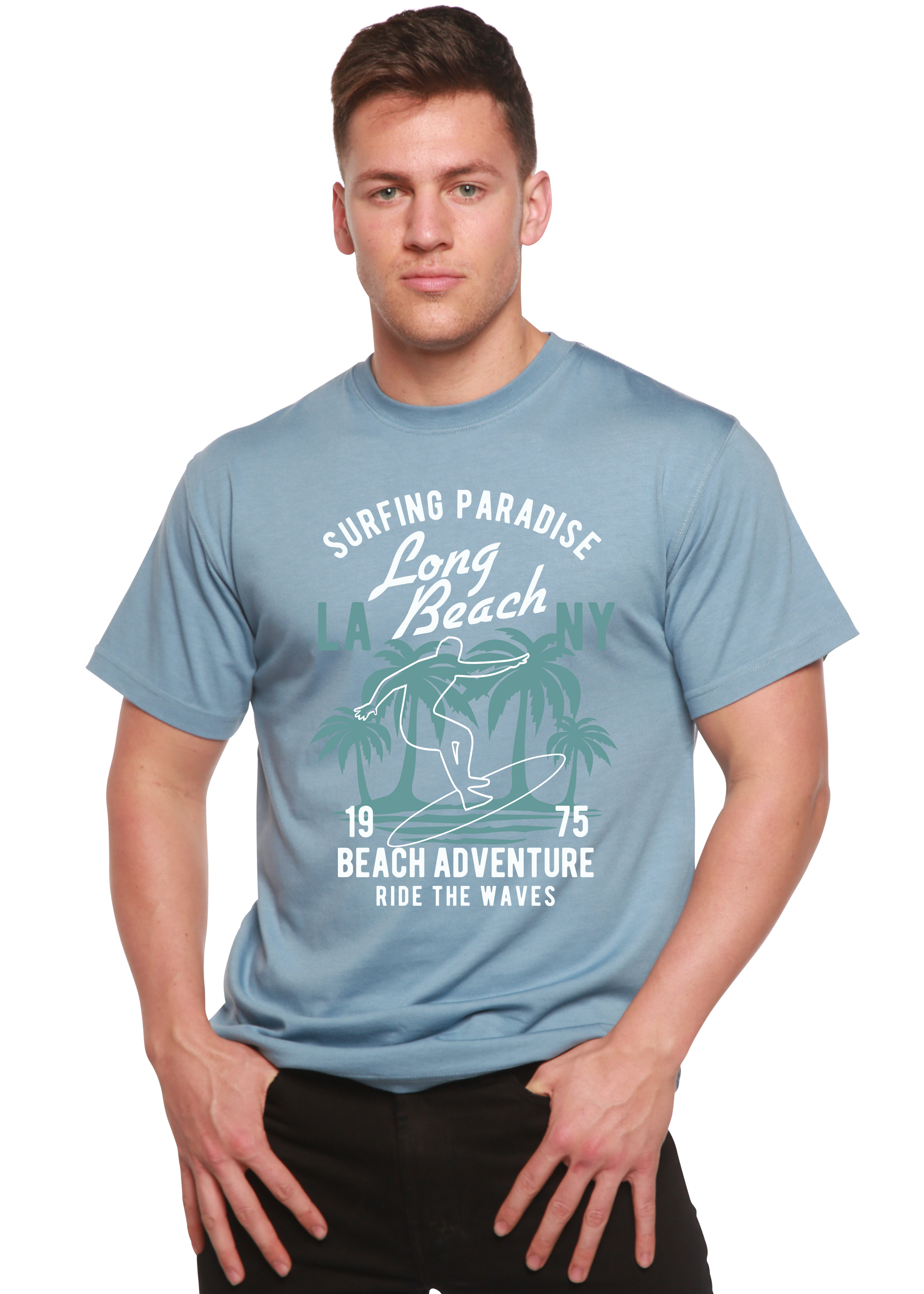Camiseta gráfica de manga corta de viscosa de bambú/algodón orgánico "Aventura en la playa" para hombre