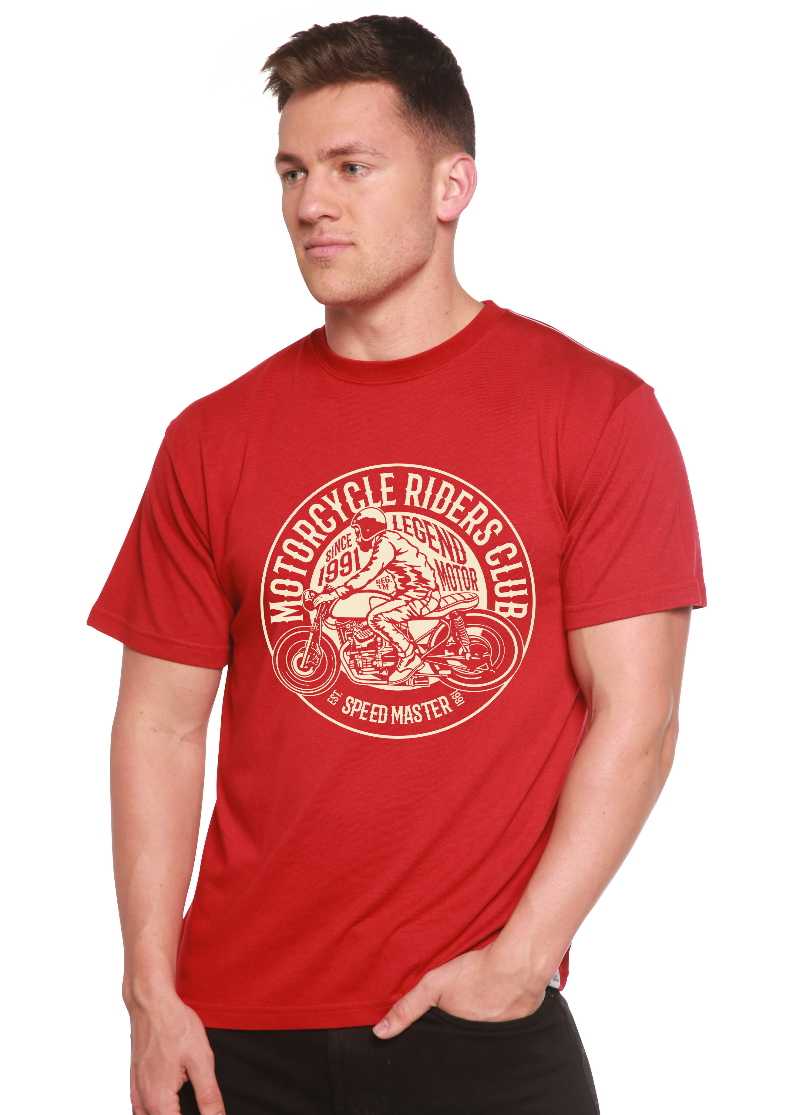 Camiseta de manga corta con gráfico de bambú viscosa/algodón orgánico para hombre del club de motociclistas