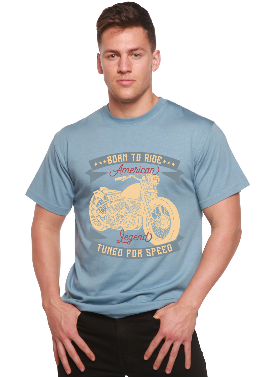 Camiseta gráfica de manga corta para hombre "Born To Ride American Legend" de bambú viscosa/algodón orgánico