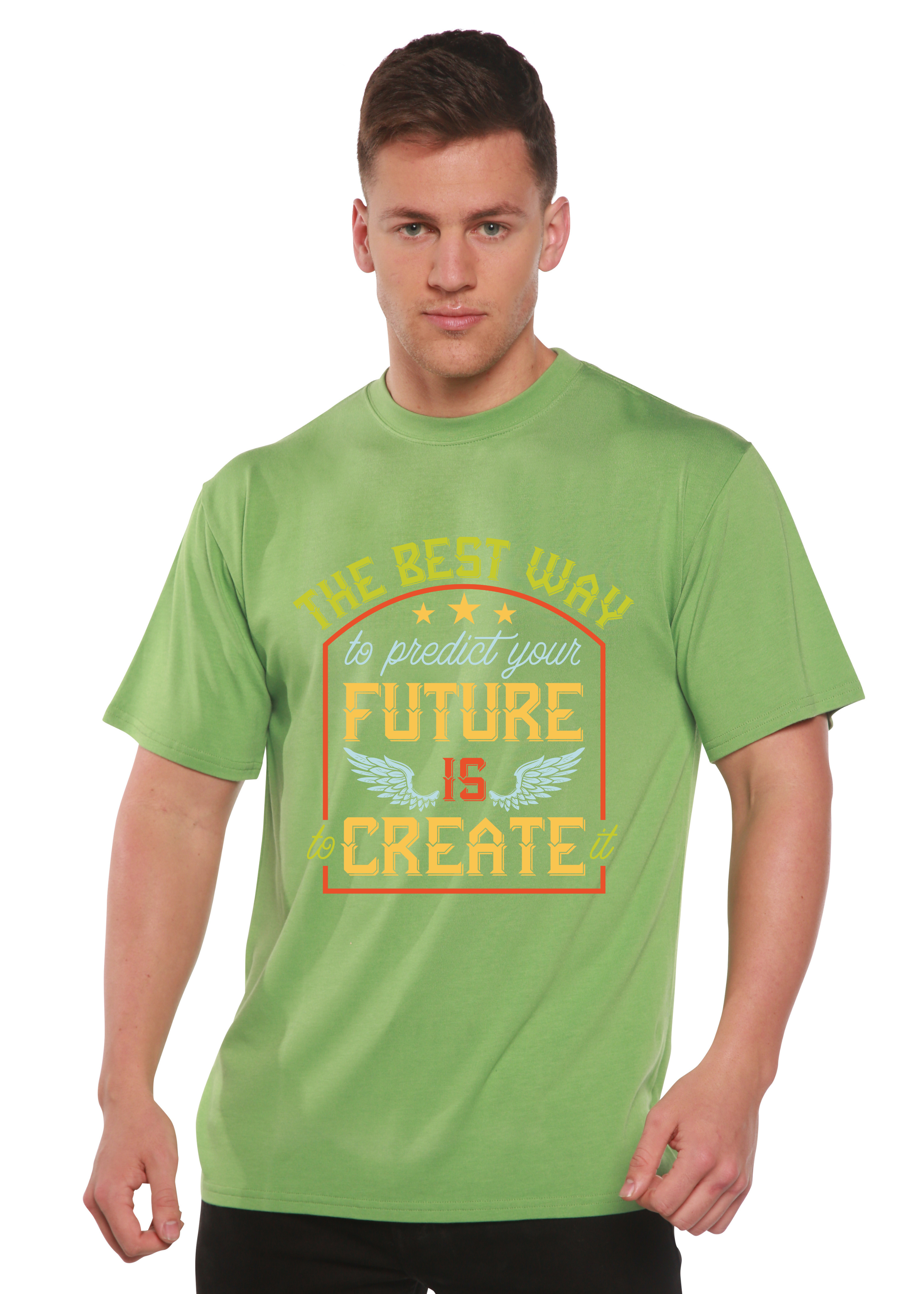 La característica es la creación de la camiseta gráfica de manga corta de viscosa de bambú/algodón orgánico Spun Bamboo® para hombre.