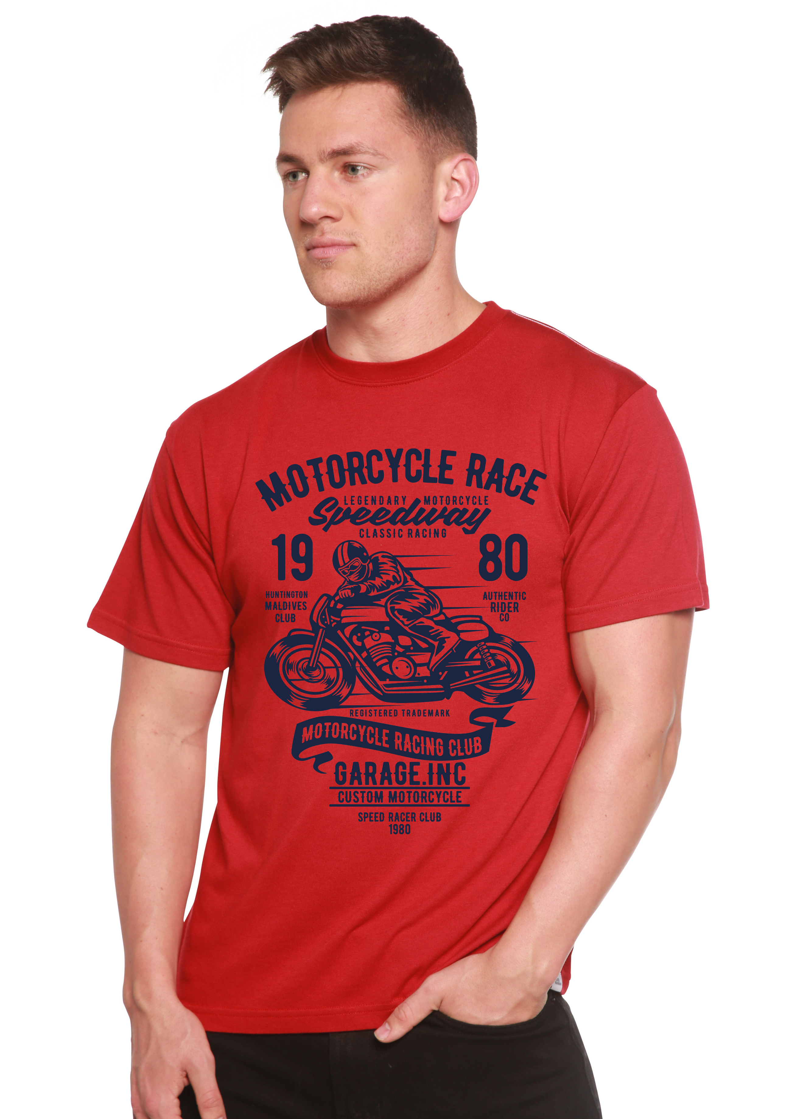 Camiseta gráfica de manga corta de viscosa de bambú y algodón orgánico para hombre con diseño de motos de carrera