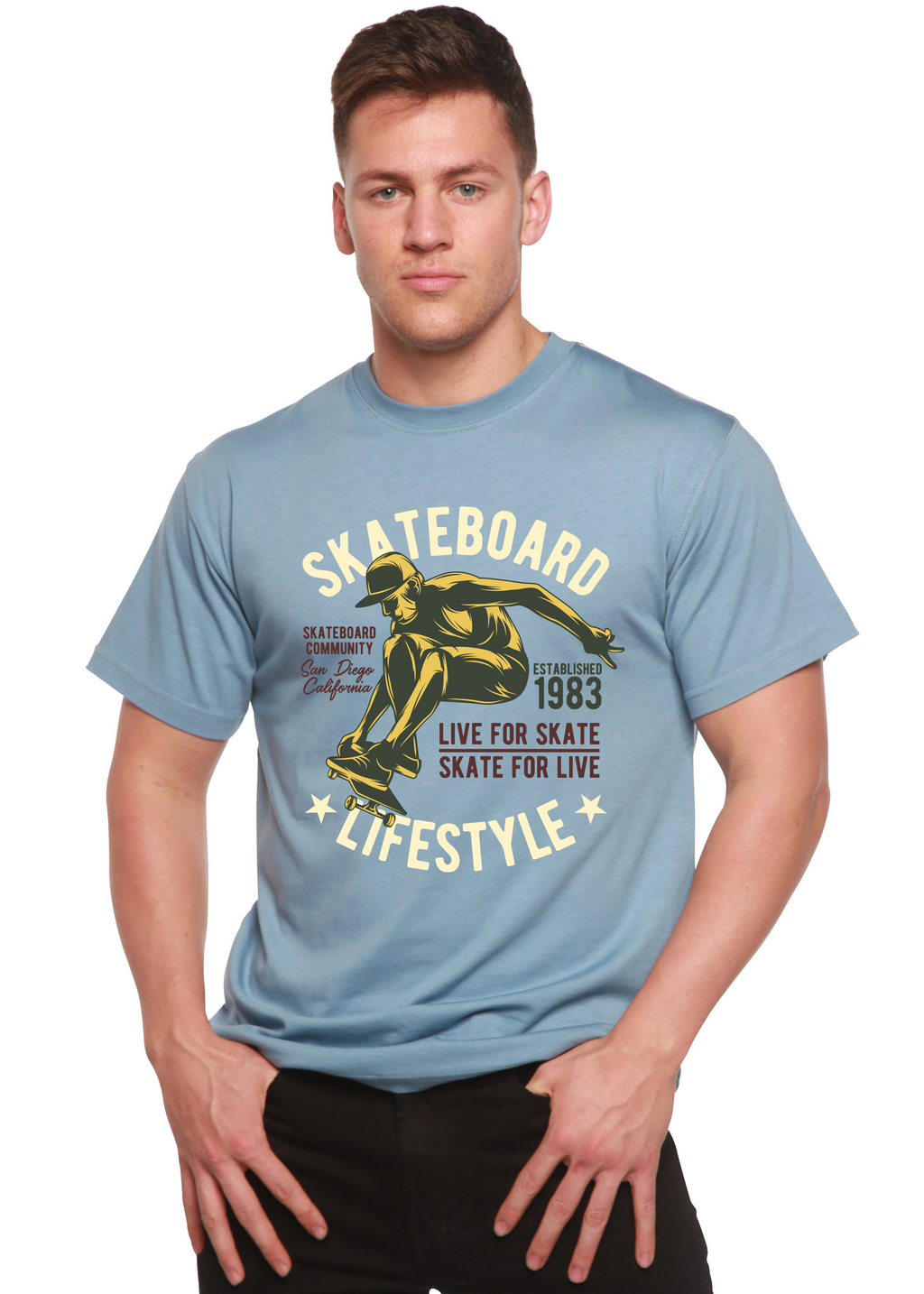Camiseta gráfica de manga corta de viscosa de bambú/algodón orgánico para hombre "Estilo Skater"